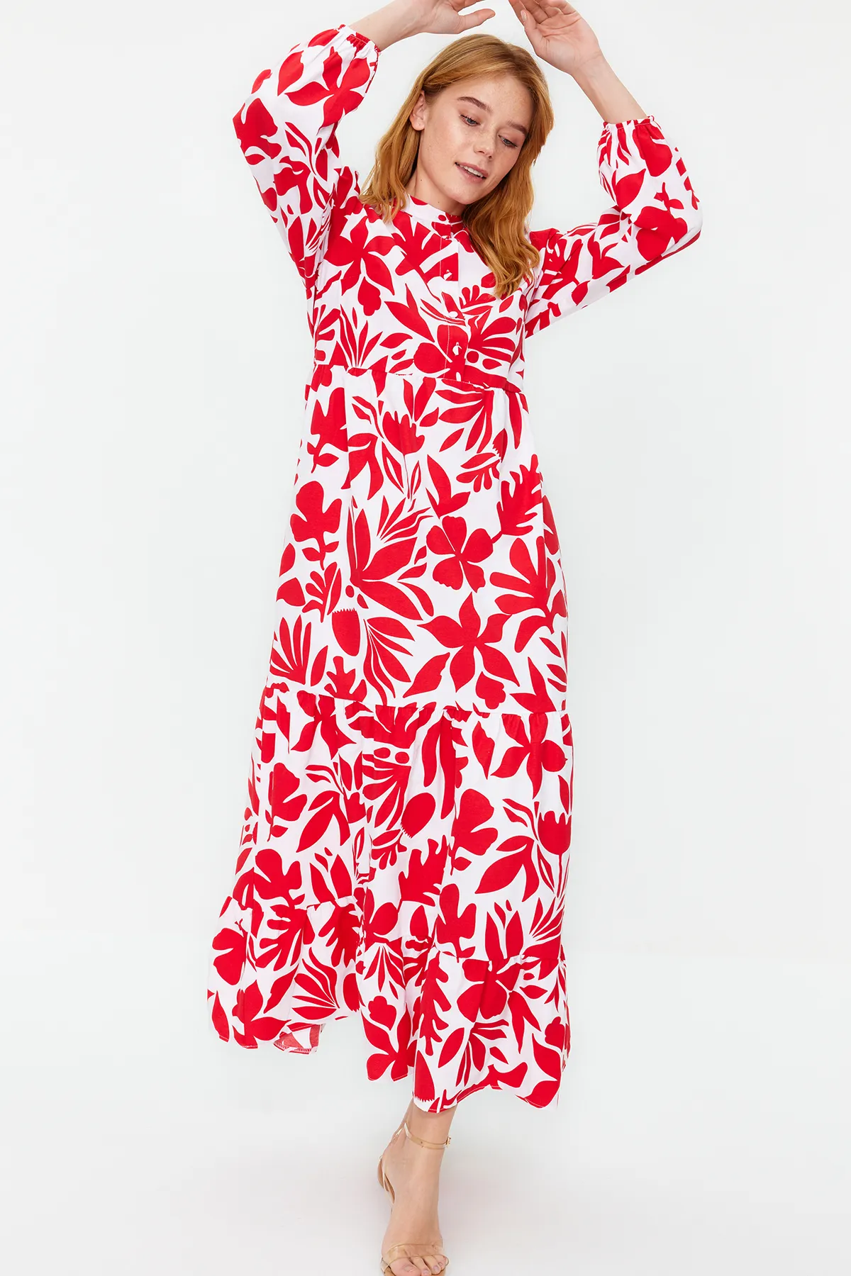 Trendyol Modest  Halbpatchwork-Kleid aus Baumwollgewebe mit Kachelmuster und weiter Passform TCTSS23EB00222