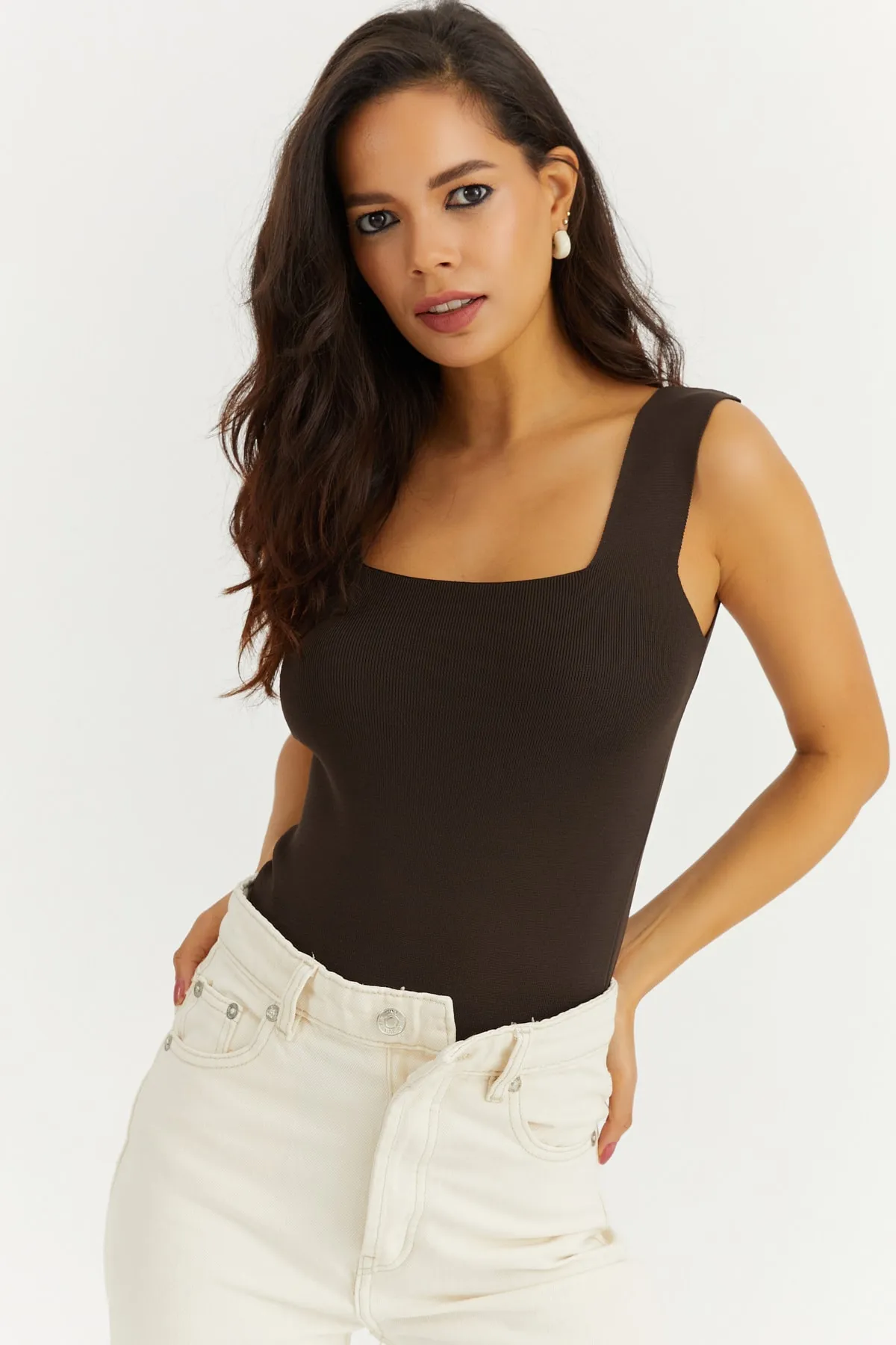 Cool & Sexy  Braune Strickbluse mit eckigem Ausschnitt für Damen YV80
