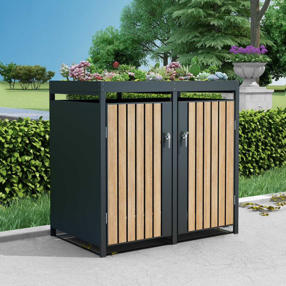 HC Garten & Freizeit Mülltonnenverkleidung 2er mit Pflanzdach Mülltonnenbox Anthrazit