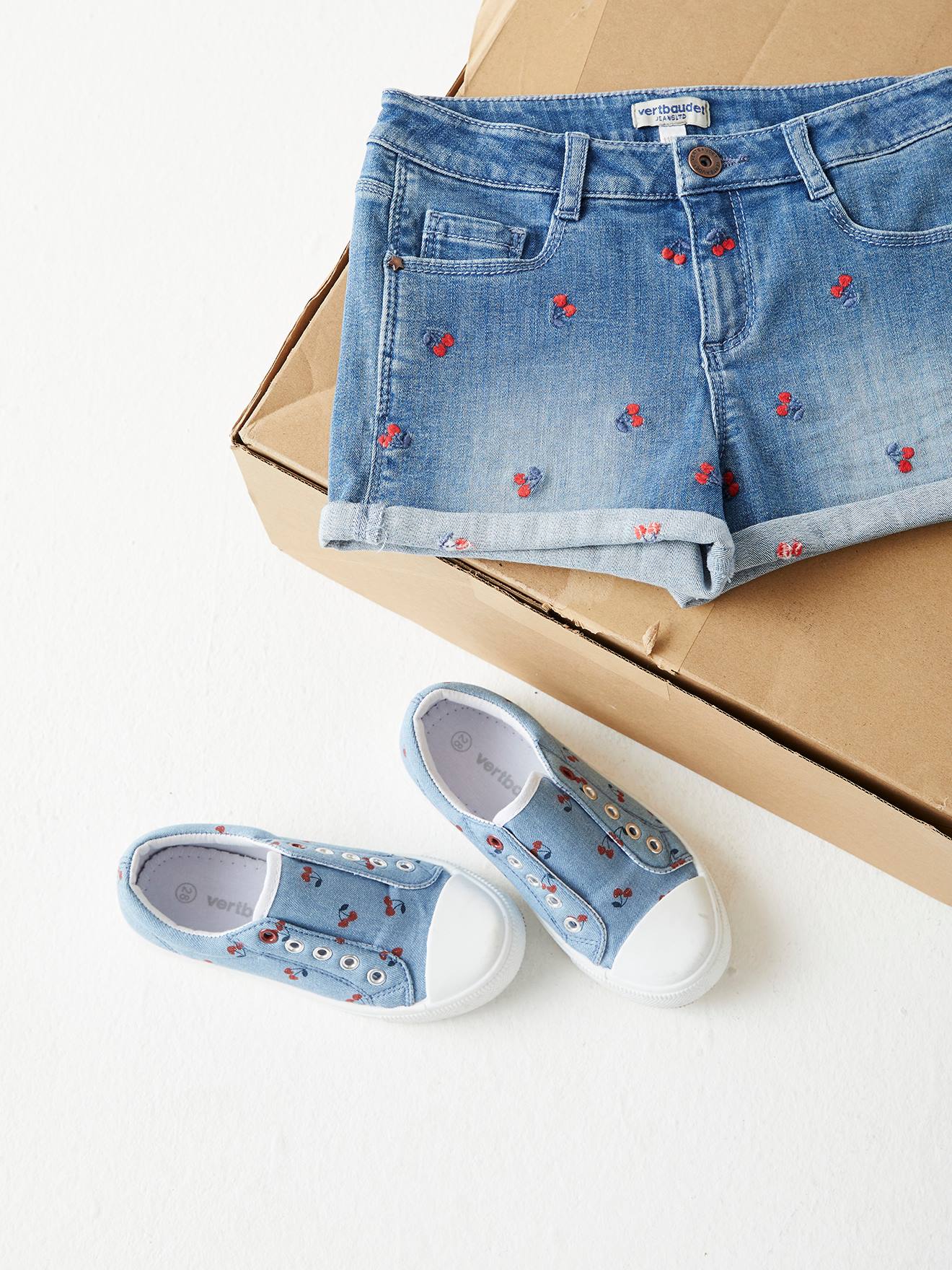 Vertbaudet Mädchen Stoff-Sneakers mit Gummizug - blau/kirschen