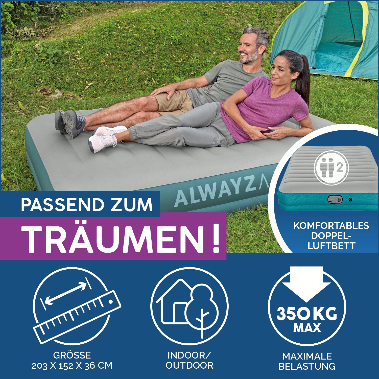 Bestway Luftbett AlwayzAire 2 Personen mit Akku Doppelpumpe 203 x 152 x 36 cm