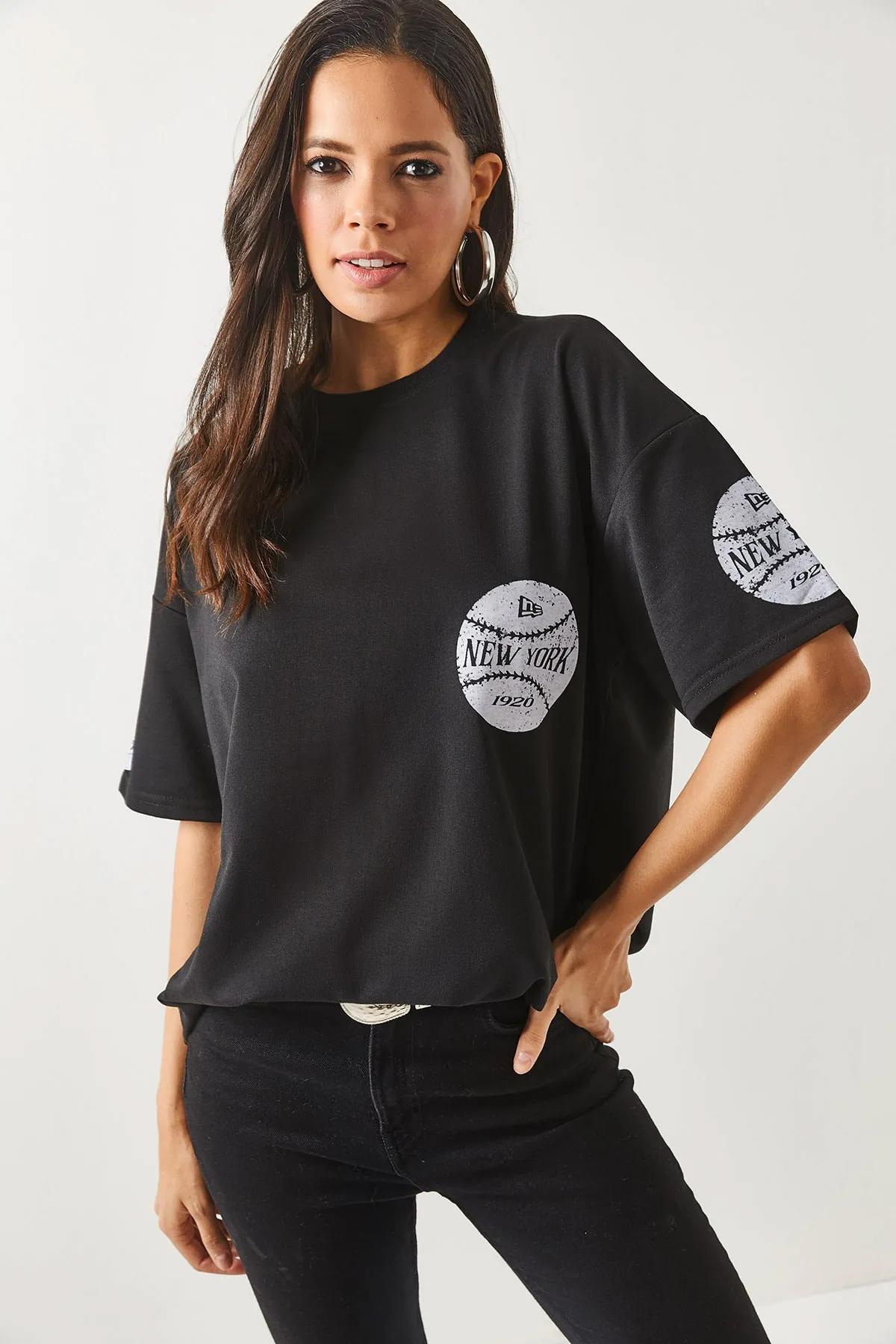 Olalook  Damen-T-Shirt „New York“ in Schwarz, vorne und hinten bedruckt, 2-fädig, Unisex-Oversize-T-Shirt TSH-19000696