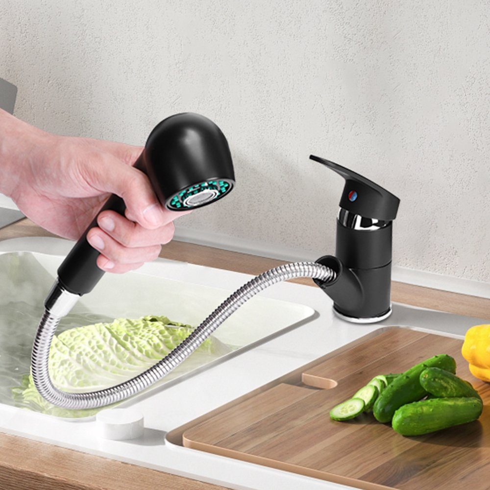 XIIW Waschtischarmatur Wasserhahn Bad mit Ausziehbar Brause,Küchenarmatur mit 2 Strahlarten (360 ° Drehbare,Mischbatterie mit 60cm Flexible Anschlussschläuche,Spültischarmatur aus Messing)