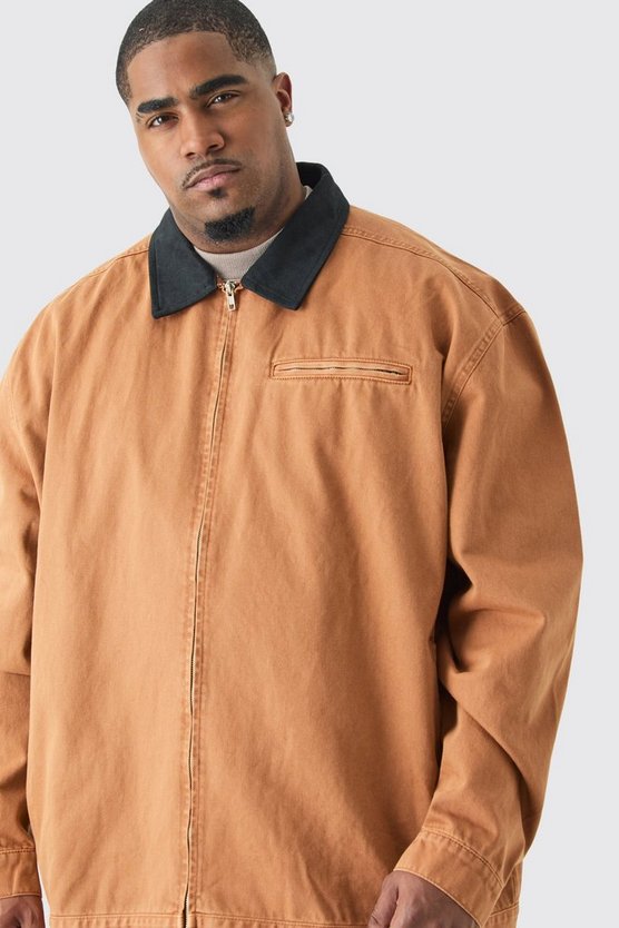 Plus Denim Harrington-Jacke mit Kontrast-Kragen