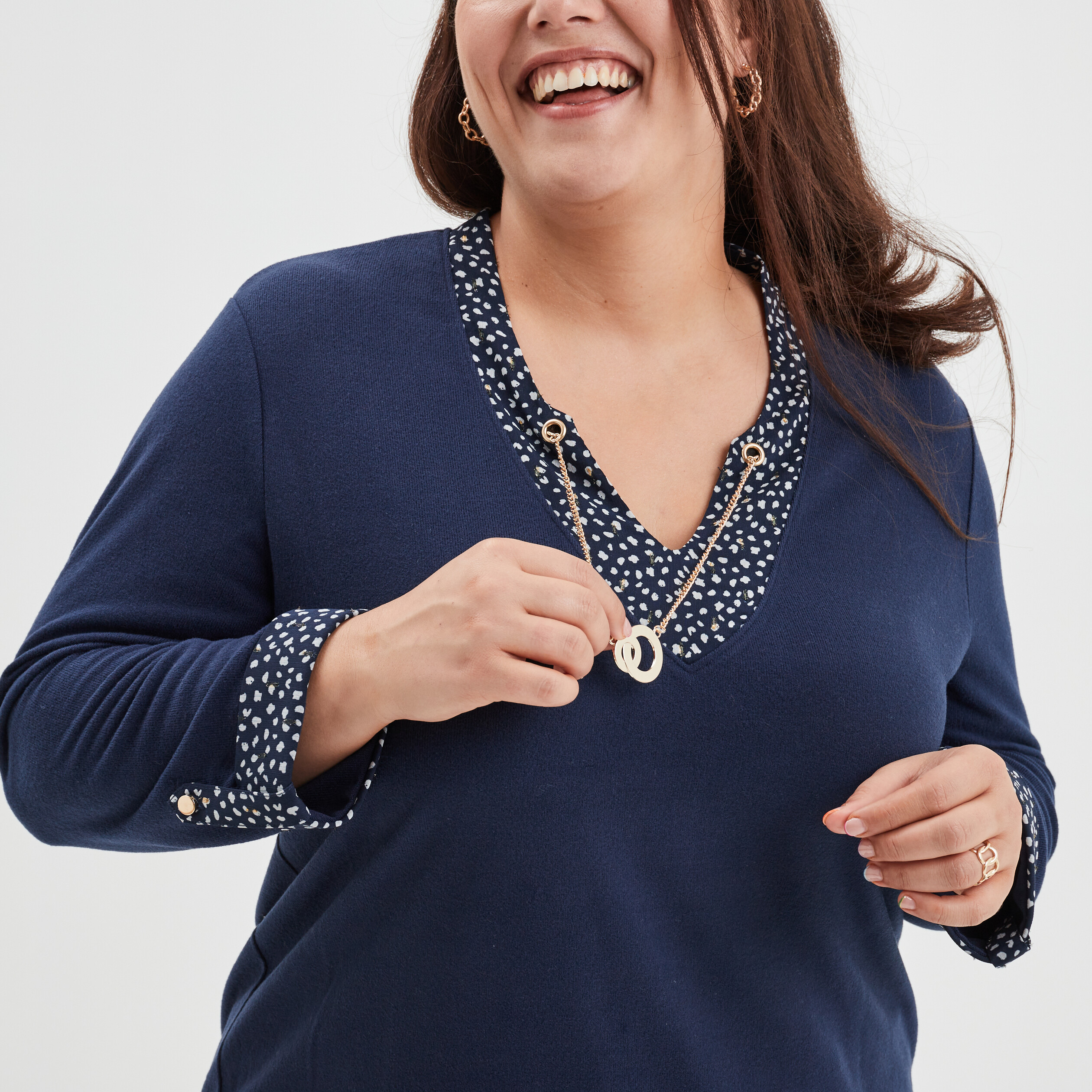 Pull col bijou effet 2-en-1 manches 3 4 bleu marine femme grande taille | La Halle