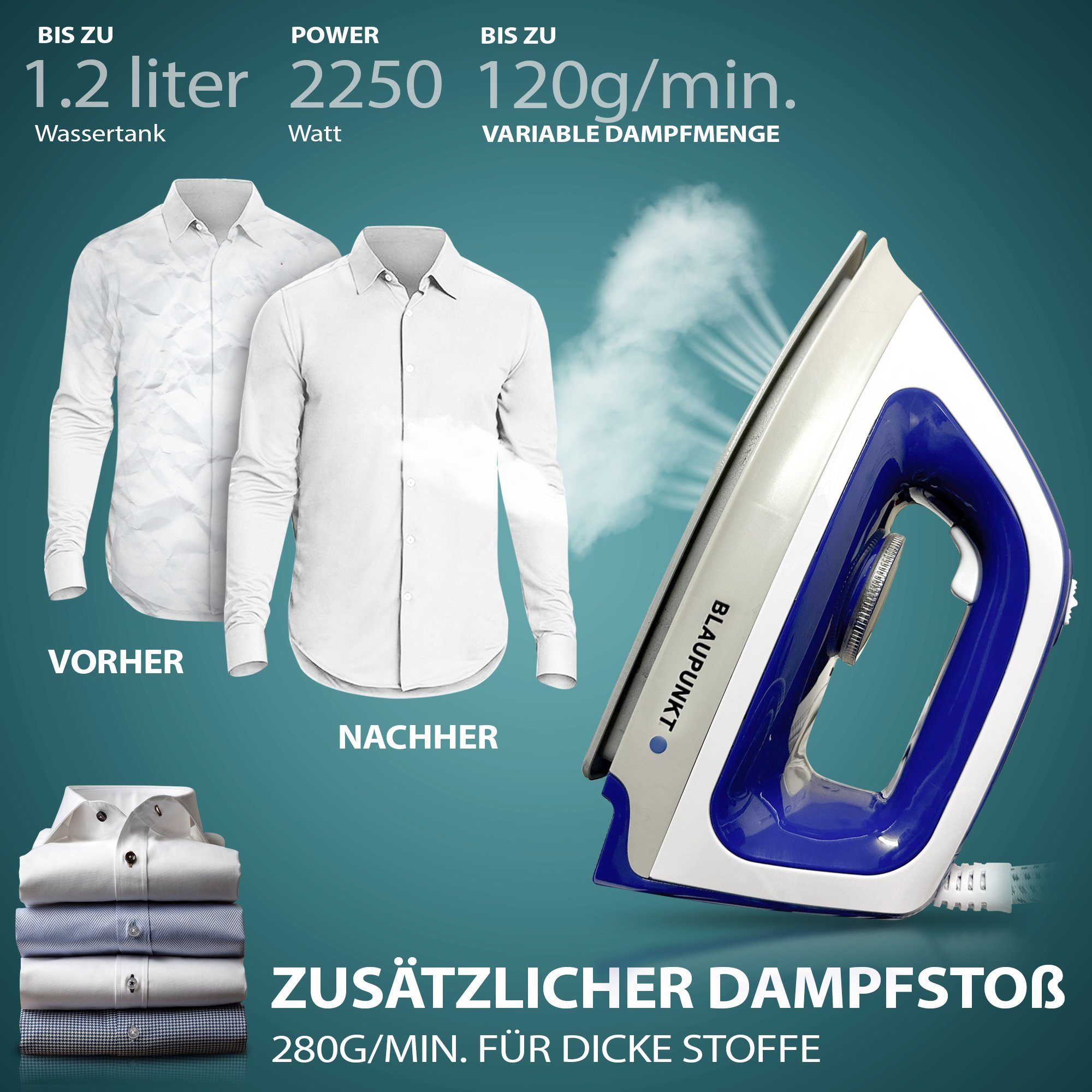 Blaupunkt Dampfbügelstation MEN803 Dampfbügelstation 2250W Bügelstation 5.2 Bar Dampfstoß 280g, 1,2 L Tank abnehmbar, Keramiksohle Bügeleisen Dampf, Dampfbügeleisen