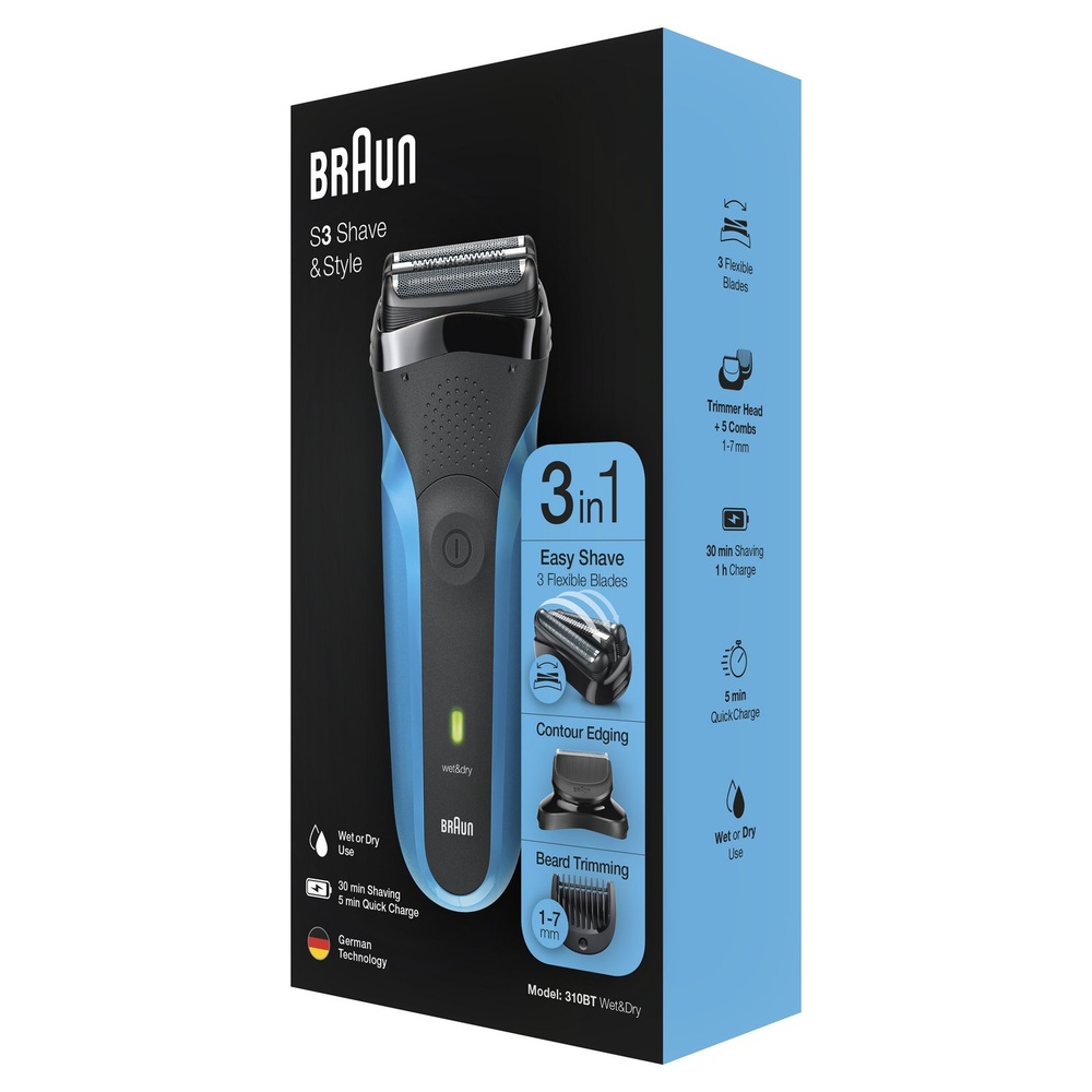 braun Braun S3 Shave&Style Rasoir Électrique Barbe Homme 3-En-1, Technologie Wet & Dry Rasoir Electrique