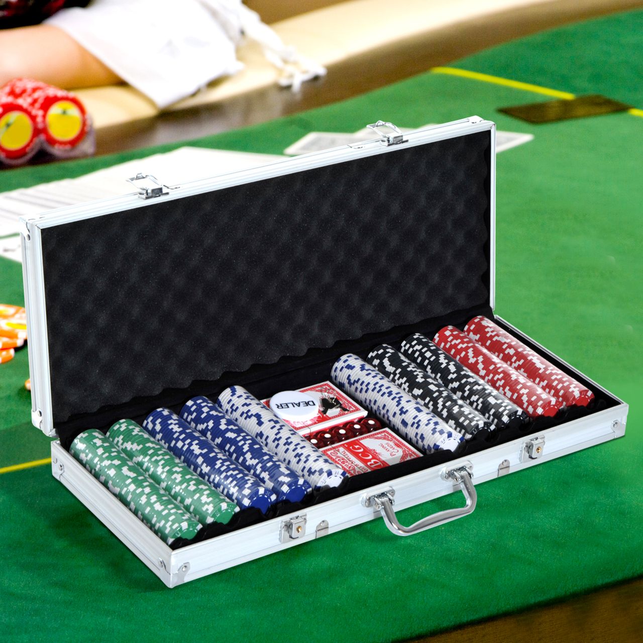 HOMCOM Pokerkoffer Pokerset 500 Pokerchips 5 Farben 2 x Kartenspiel 5 x Würfel