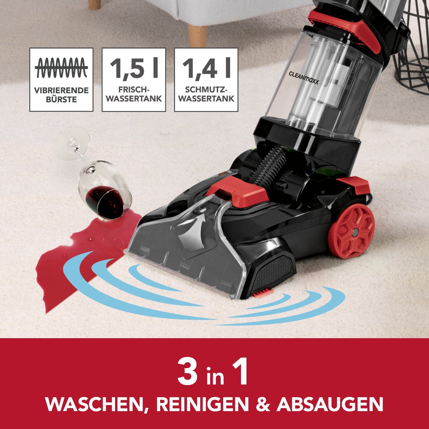 CLEANmaxx Teppichreinigungsgerät Professional mit Vibrations- und Seitenbürsten - schwarz/rot, Waschsauger, Teppichreiniger, Shampoonierer, Teppich