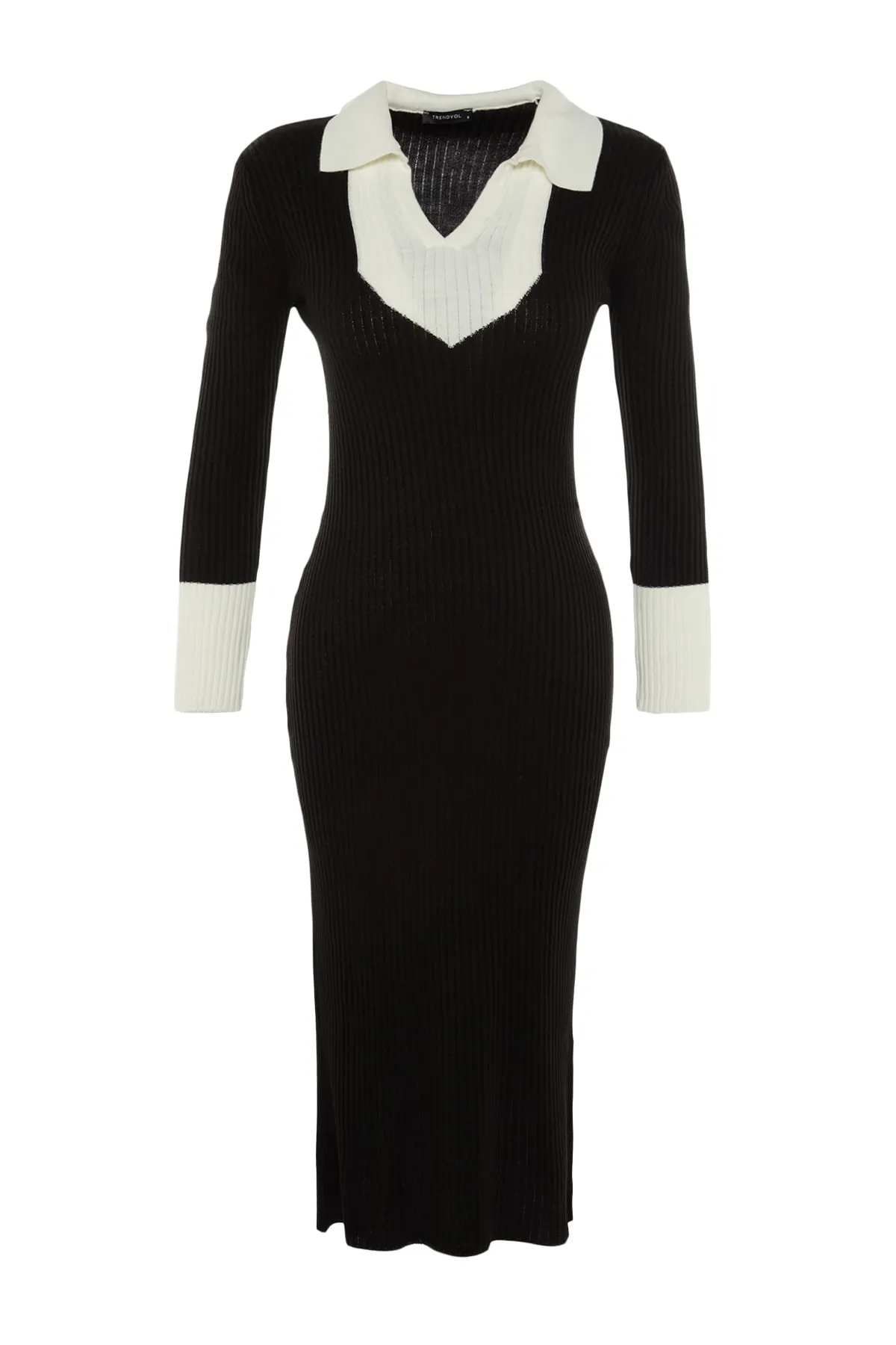 Trendyol Collection  Schwarzes Midi-Strickkleid mit Farbblockmuster TWOAW23EL00024