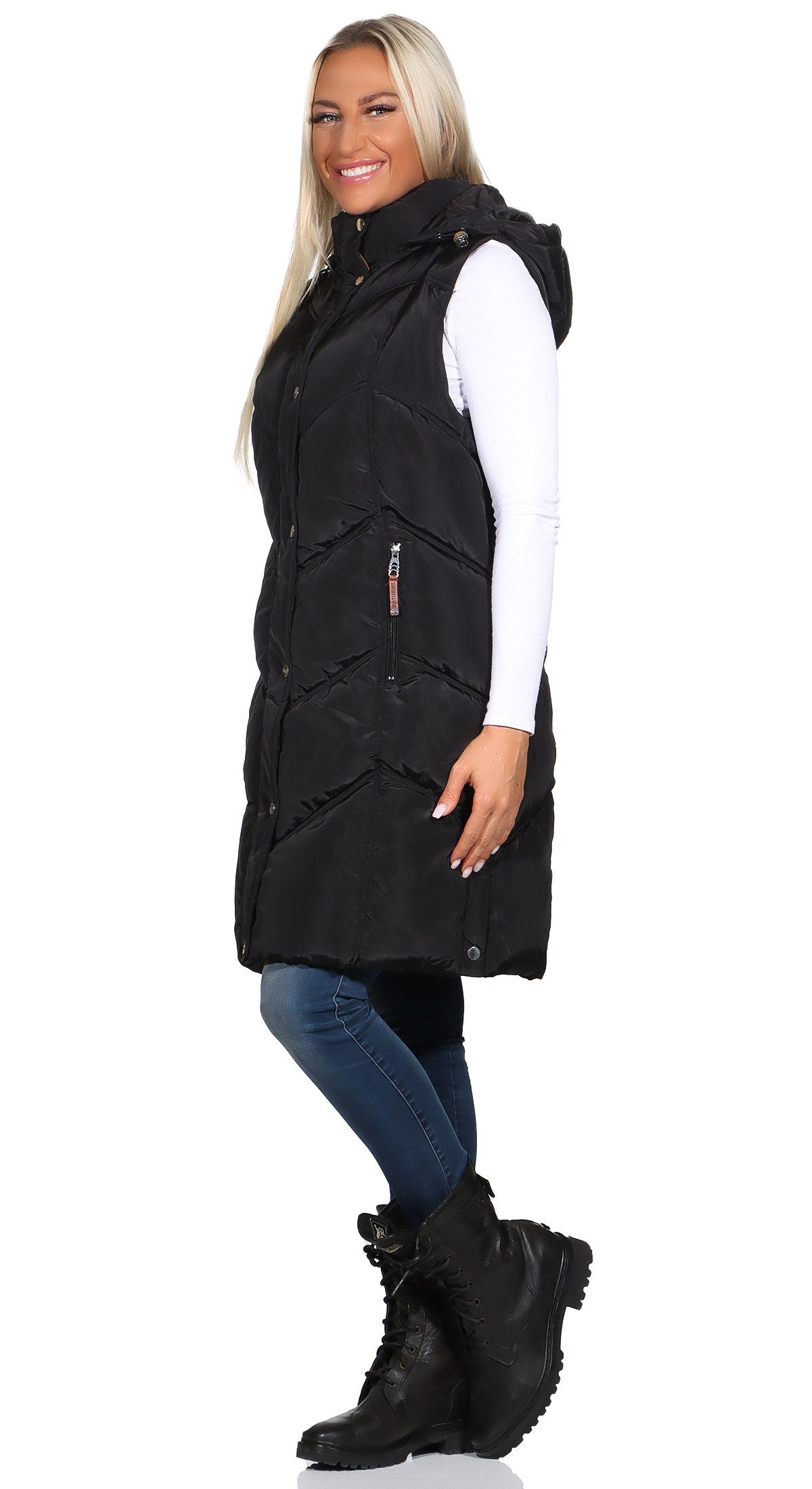 Aurela Damenmode Steppweste Steppweste Damen Longweste mit moderner Steppung abnehmbare Kapuze, auch in großen Größen erhältlich