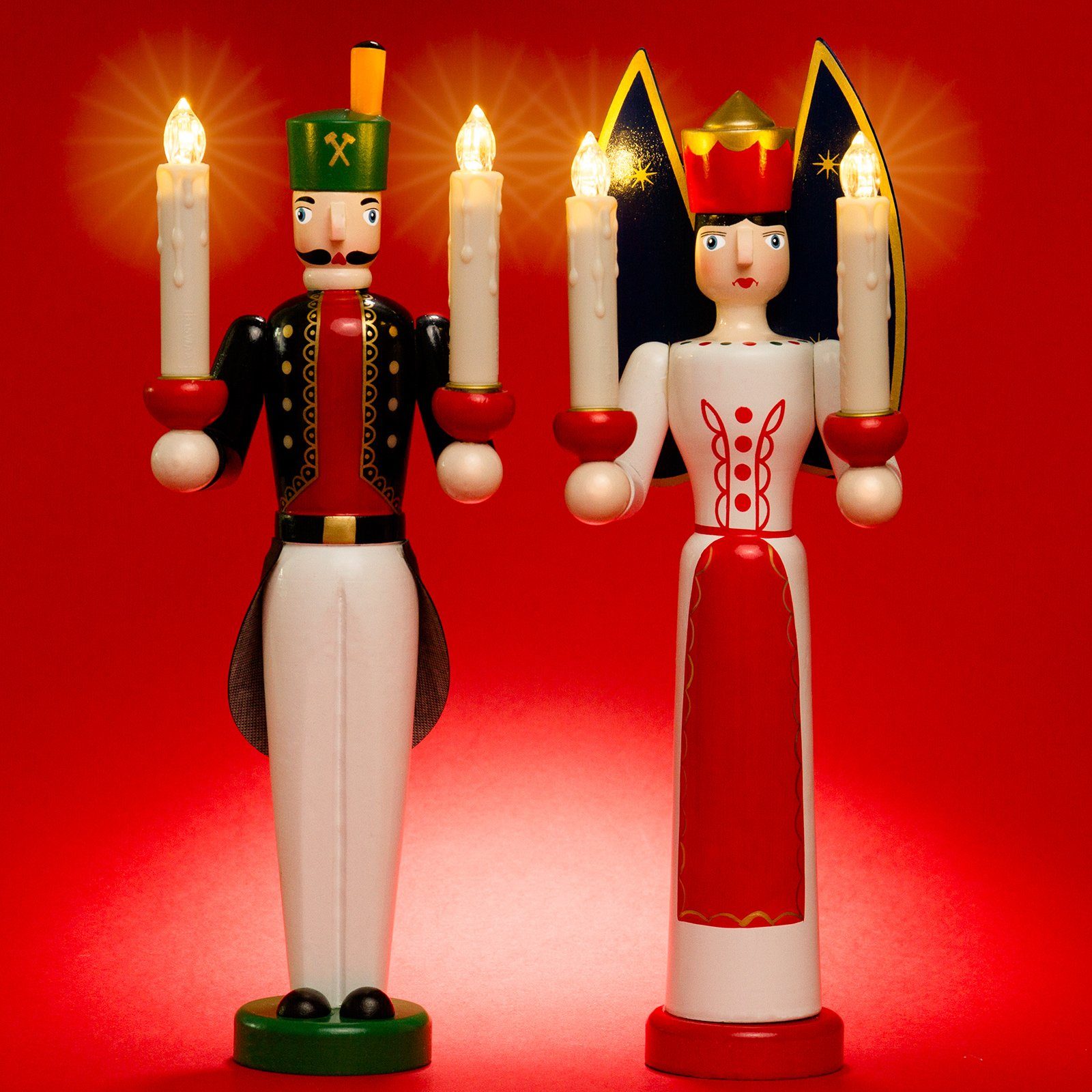 SIKORA Weihnachtsfigur EB-A-LED Engel und Bergmann aus Holz 2er Set mit LED Kerzen und Fernbedienung