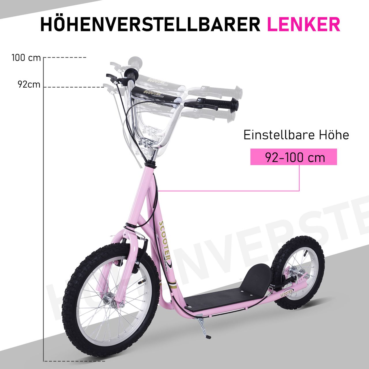 HOMCOM Kinderroller mit Bremsen 16/12 Zoll Scooter Tretroller Cityroller Kinder Roller Kickboard für 5  Jahre Kinder Rosa 135 x 58 x 92-100 cm