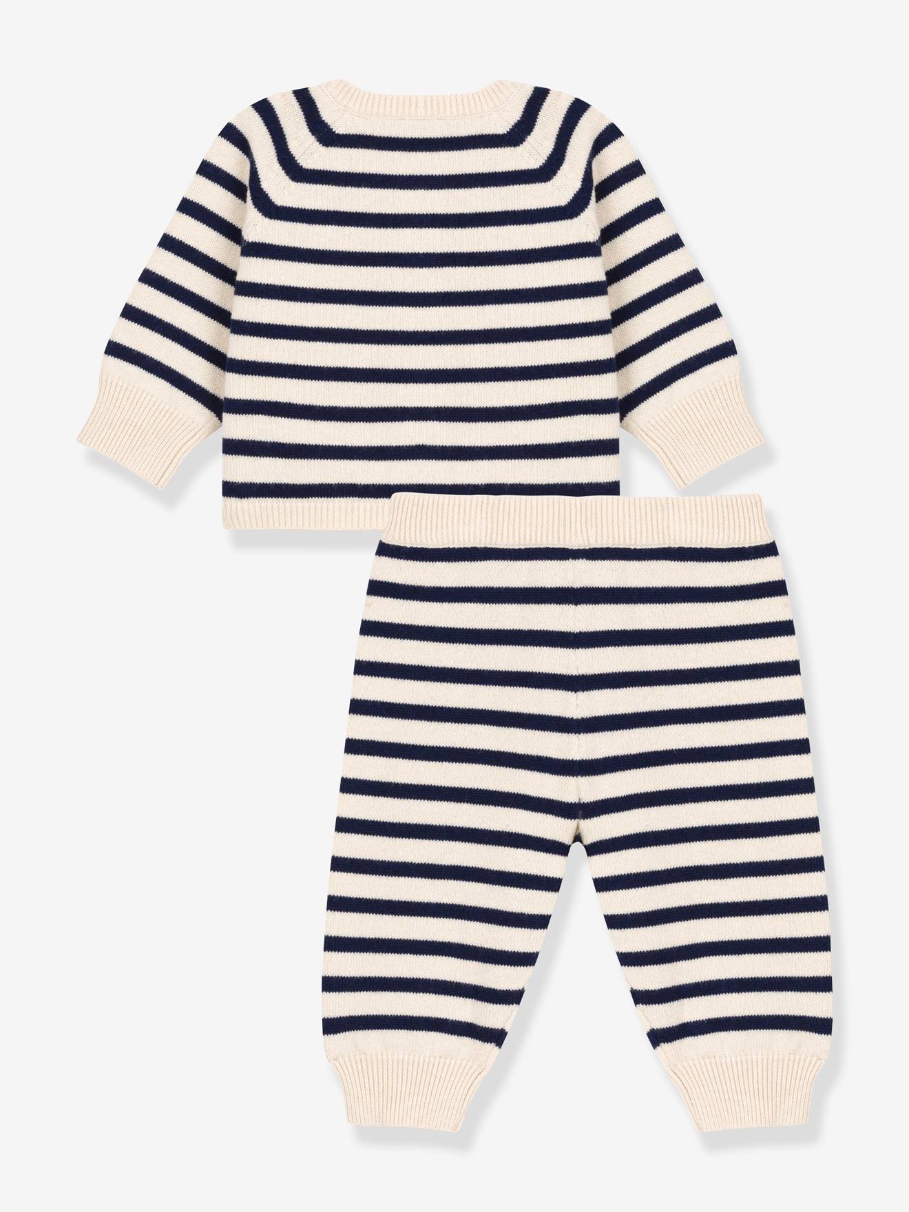 Ensemble 2 pièces bébé en tricot rayé laine et coton PETIT BATEAU blanc imprimé