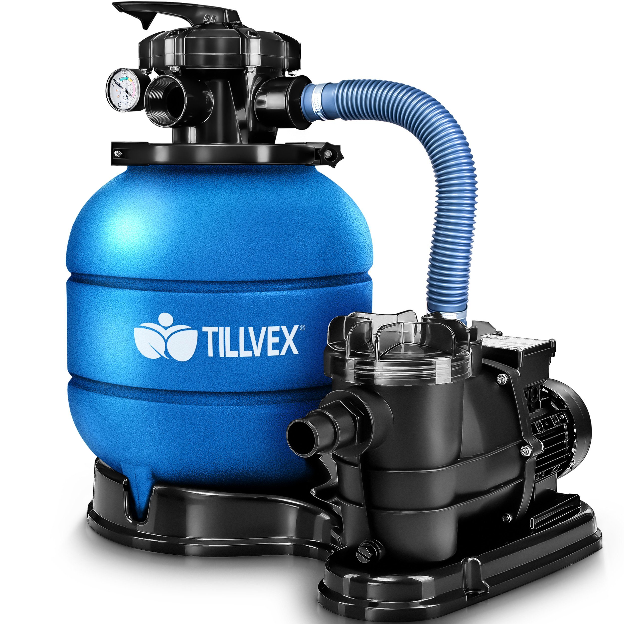 tillvex Sandfilteranlage 10 m³/h Filteranlage 5-Wege Ventil Poolfilter, Filterkessel mit Druckanzeige Sandfilter für Pool und Schwimmbecken