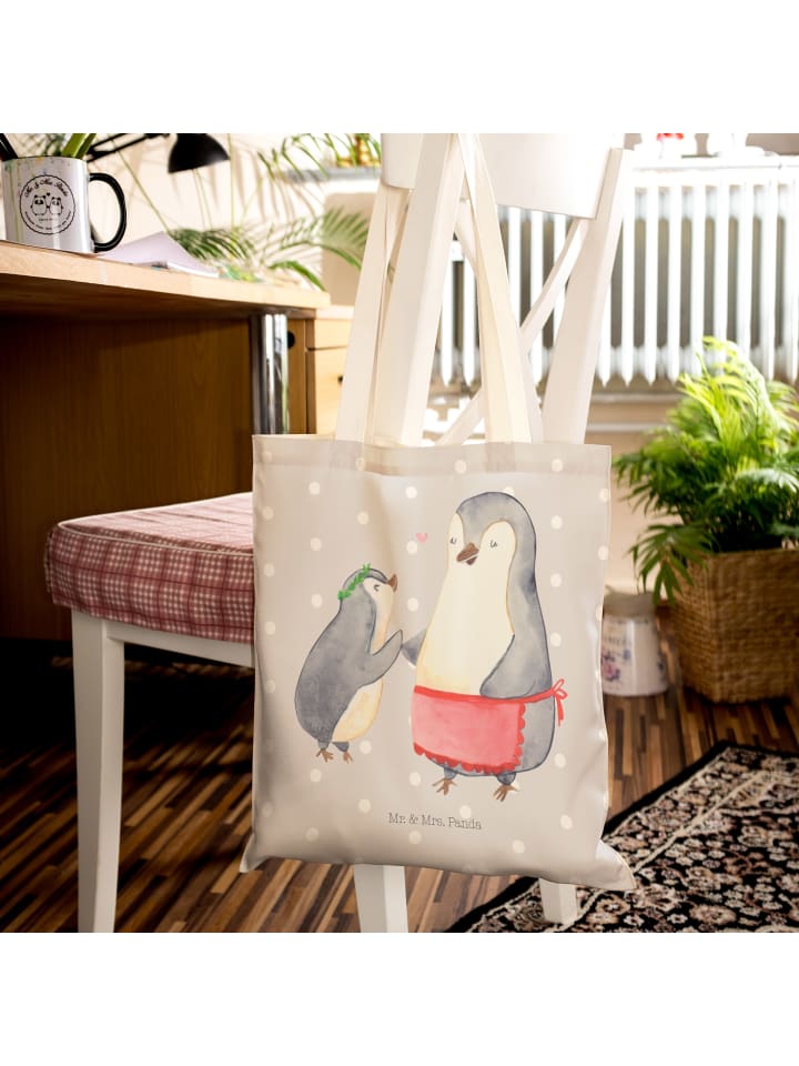 Mr. & Mrs. Panda Einkaufstasche Pinguin mit Kind ohne Spruch in Grau Pastell günstig kaufen onesize