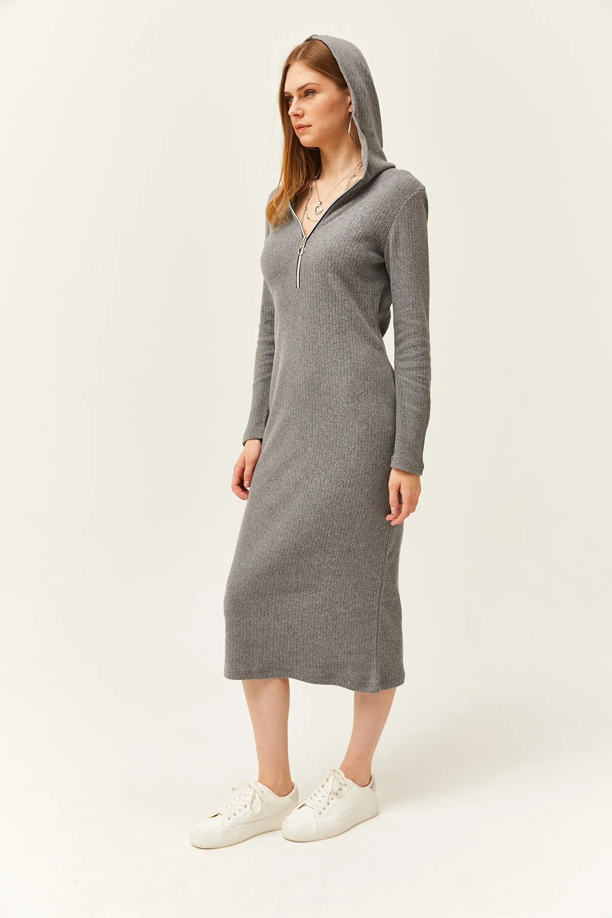 Olalook  Geräuchertes Midikleid mit Reißverschluss und Kapuze für Damen, dick gerippt, ELB-19002028
