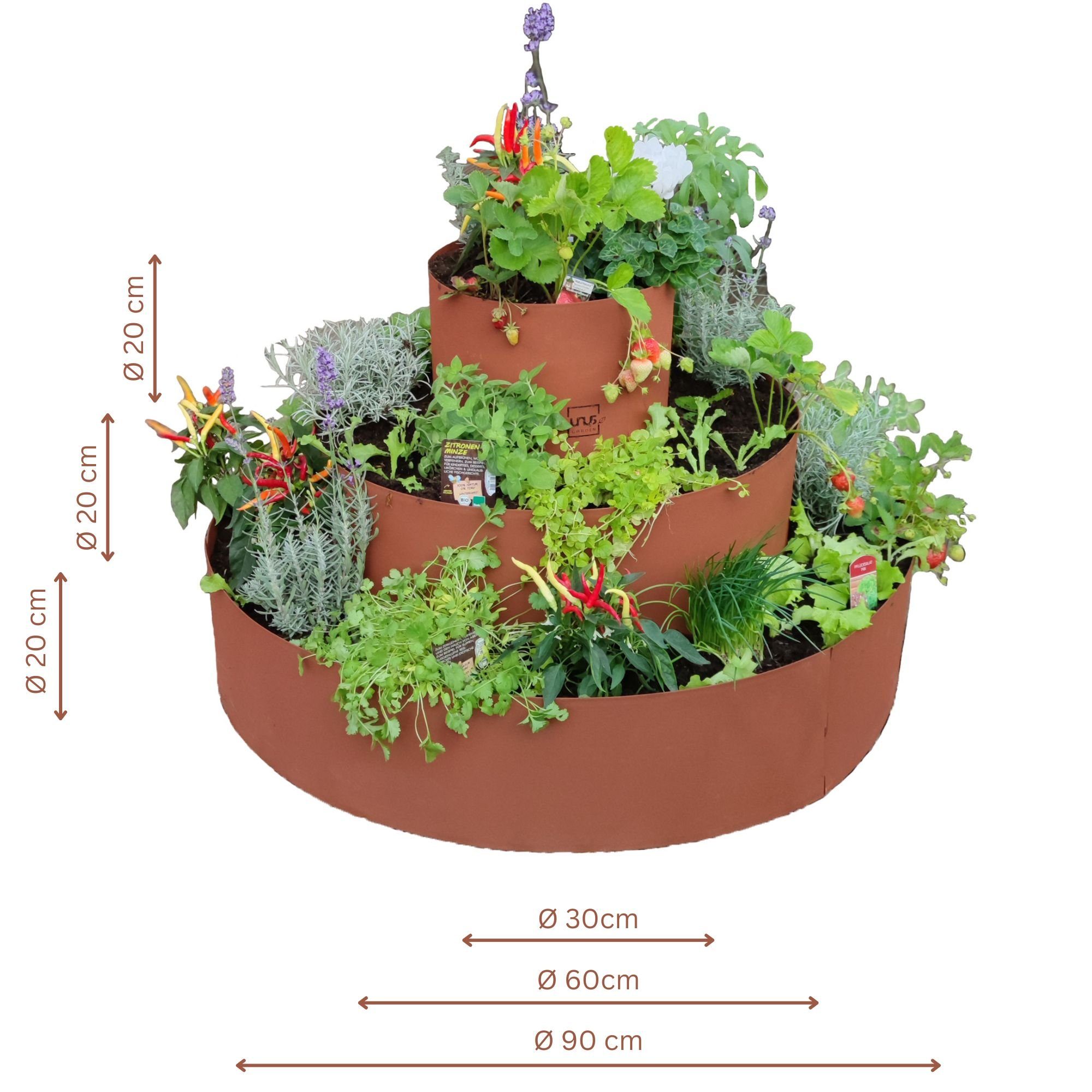UNUS GARDEN Hochbeet Kräuterschnecke Rostoptik (3 Ringe Ø 30, 60 und 90 cm), Kräuterspirale Kräuterpyramide Pflanzring