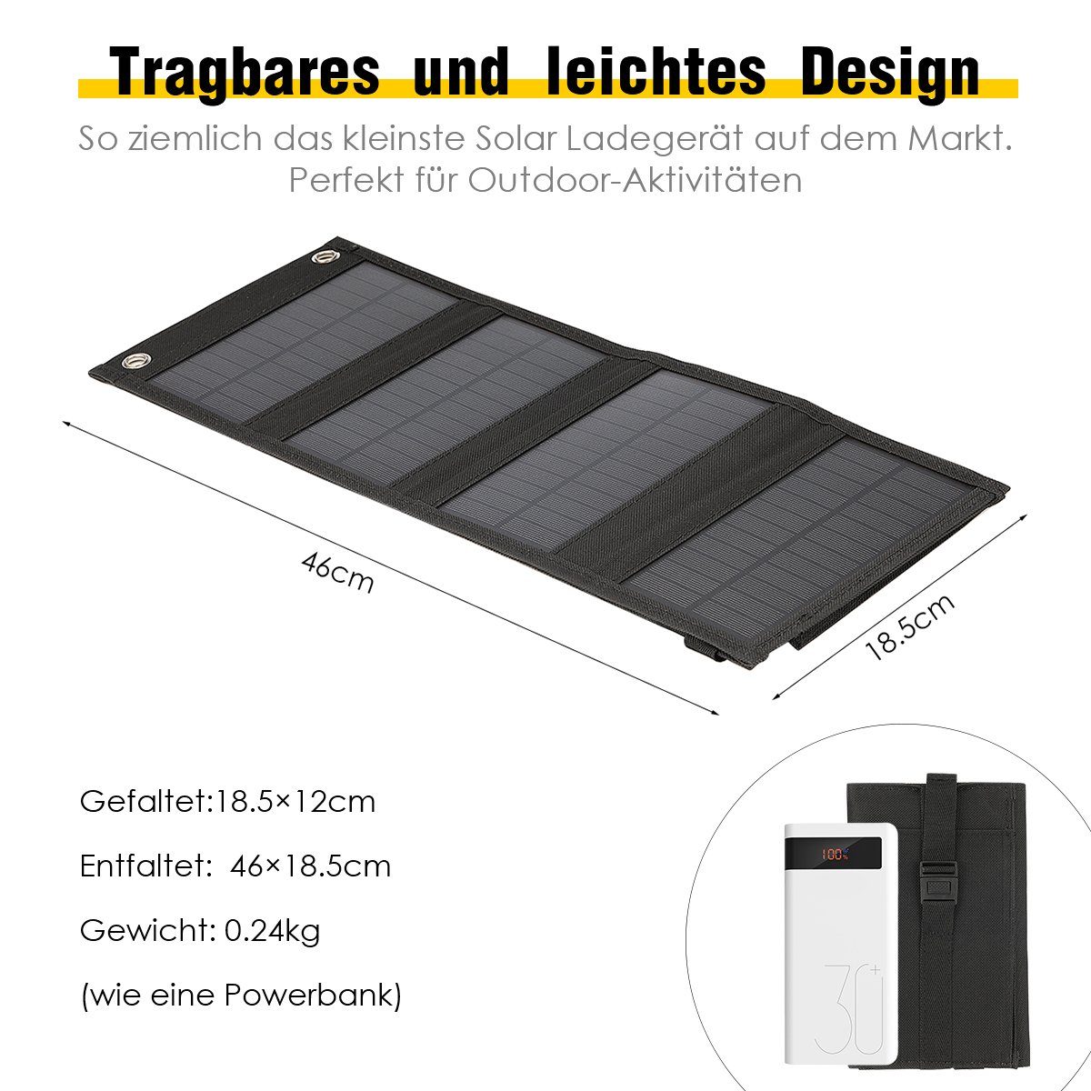 LETGOSPT Solarmodul 40W Tragbares Solarladegerät, USB-Solarladegerät, Wasserdichte IP65, 40,00 W, Kompatibel mit Handy, Tablets, Powerbank, ideal für Touren/Aktivitäten
