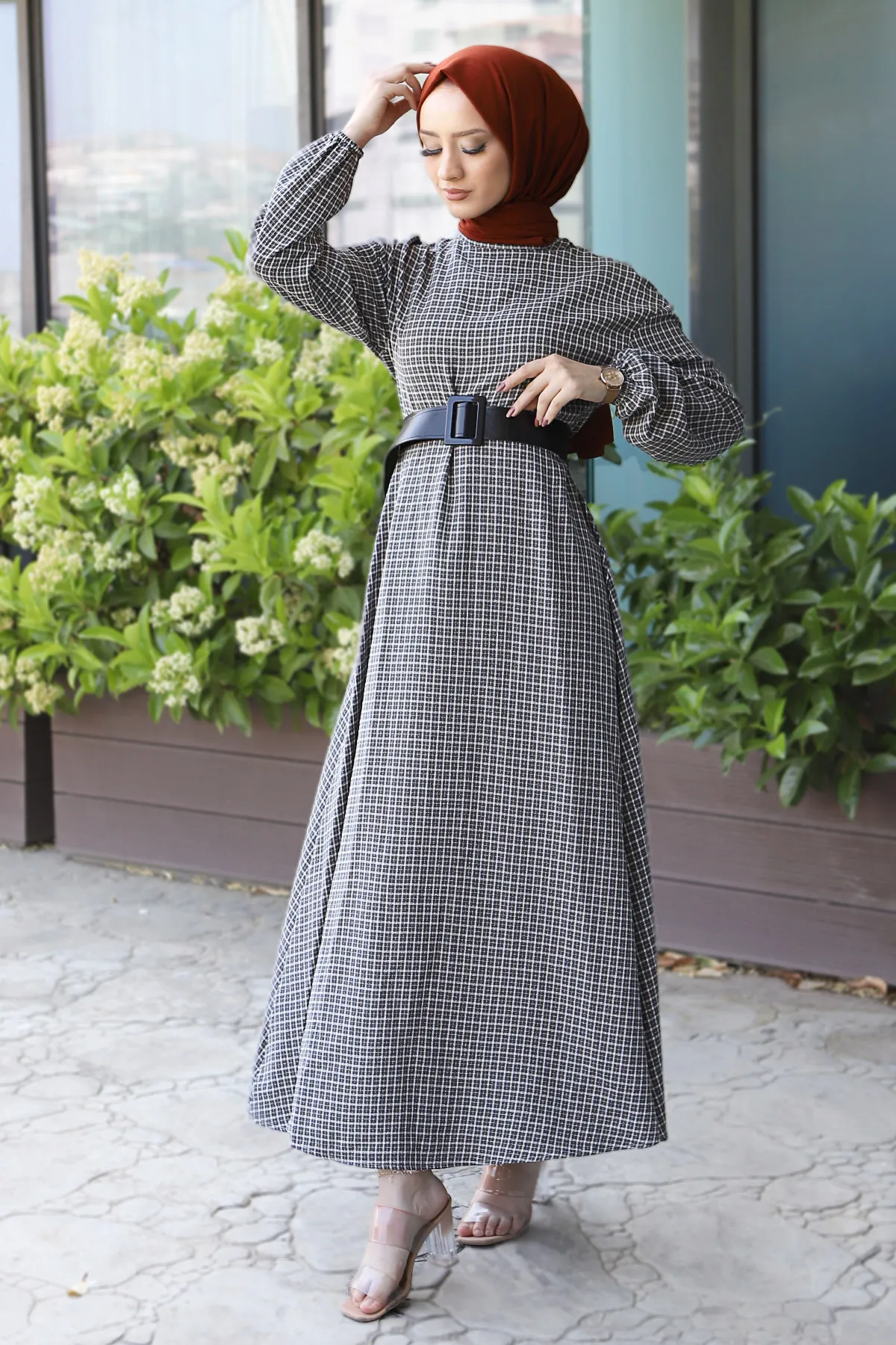 Tesettür Dünyası  Kariertes Kleid Tsd220542 Grau