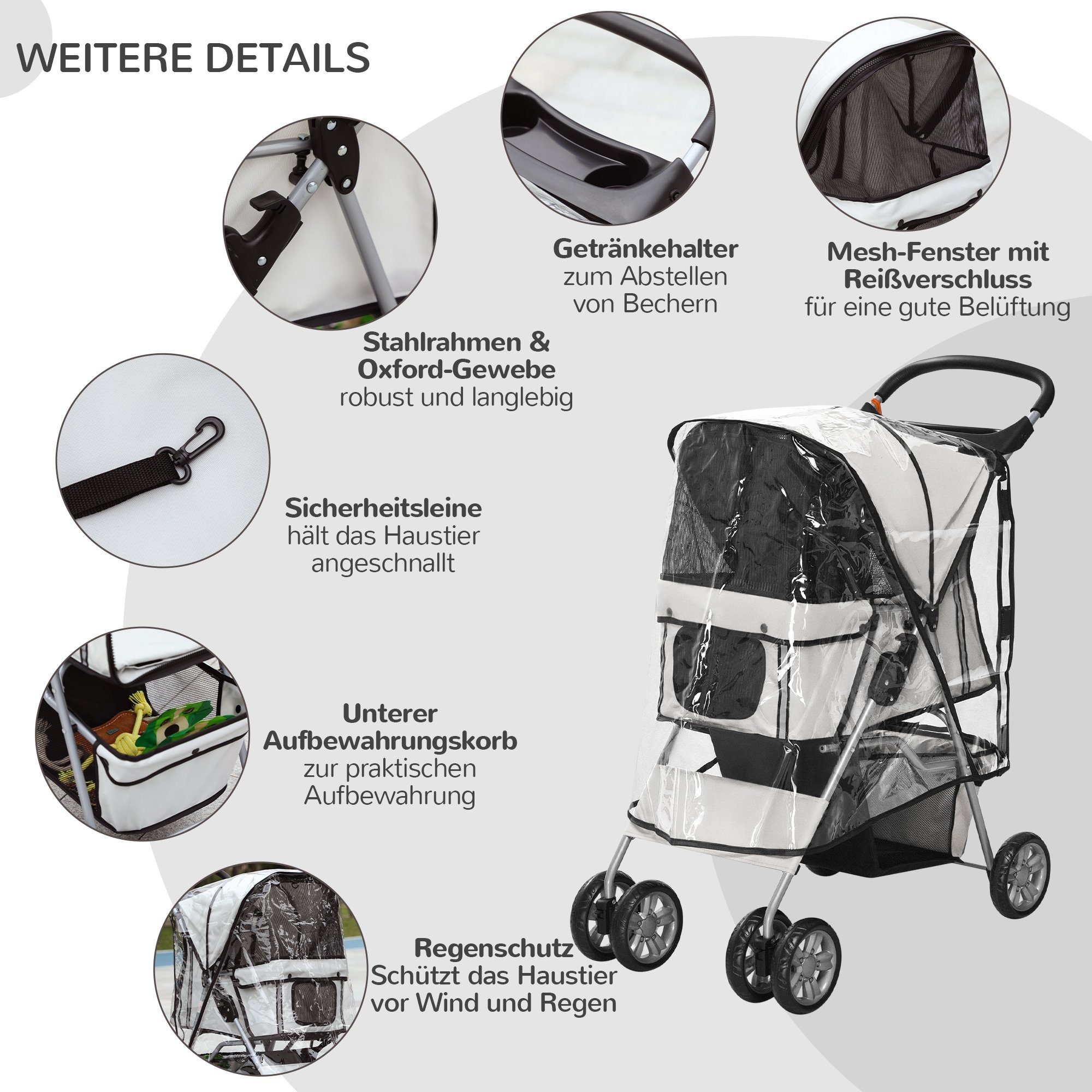 PawHut Hundebuggy Haustierbuggy, faltbar, mit Korb, Becherhalter, 75 x 45 x 97 cm, Grau, (1-tlg), Hundebuggy