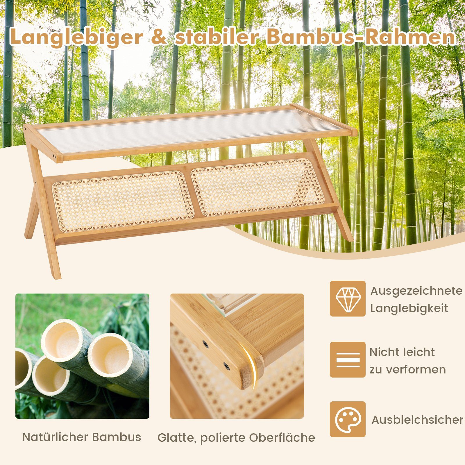 COSTWAY Couchtisch, mit Glastischplatte&Rattan-Ablagefach, Bambus, rechteckig