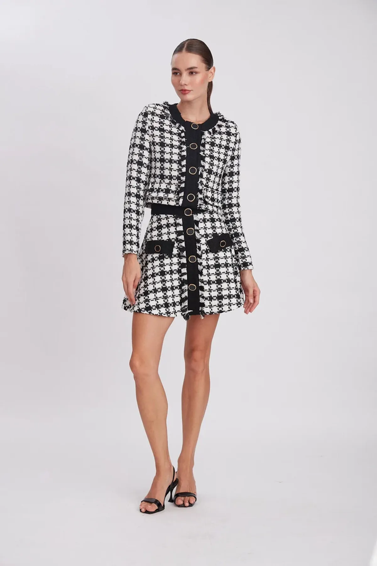 Laluvia  Schwarzer Tweed-Anzug mit Glockenrock und Jacke
