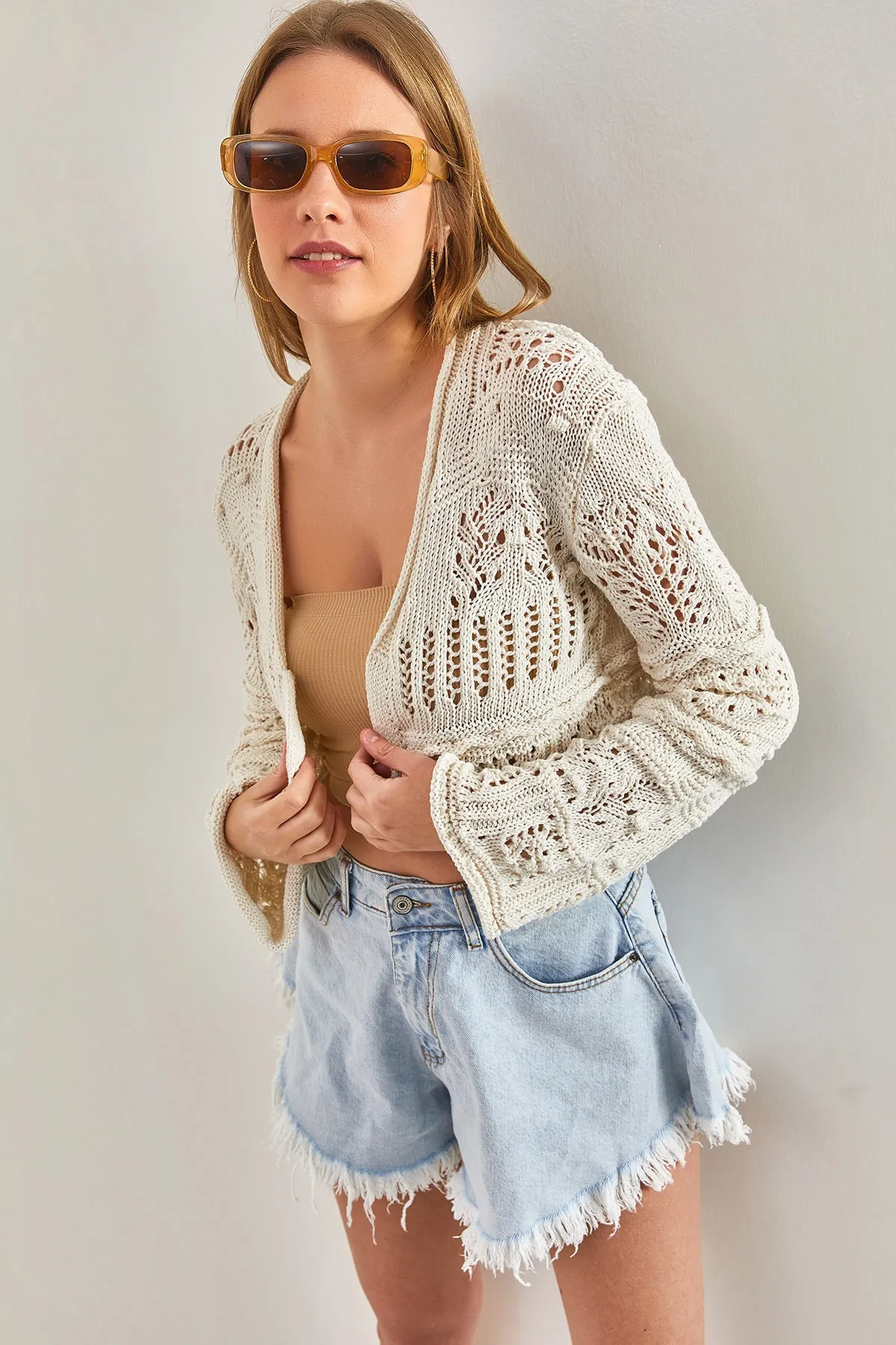 Bianco Lucci  Durchbrochener Crop-Strick-Cardigan für Damen