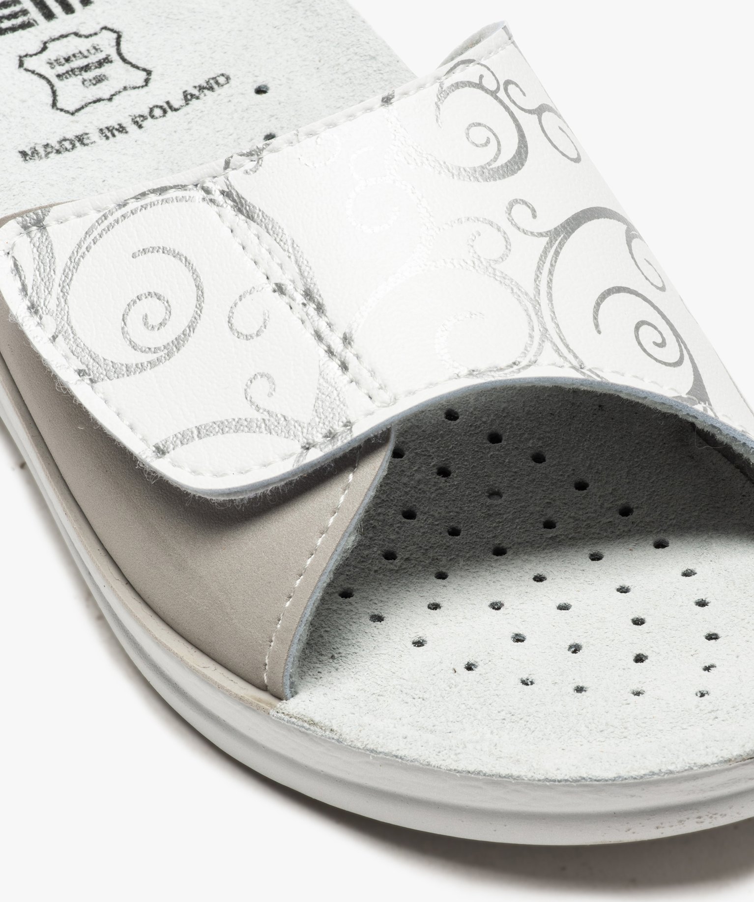 Mules femme confort ouvertes à bandeau scratch imprimé blanc | GEMO