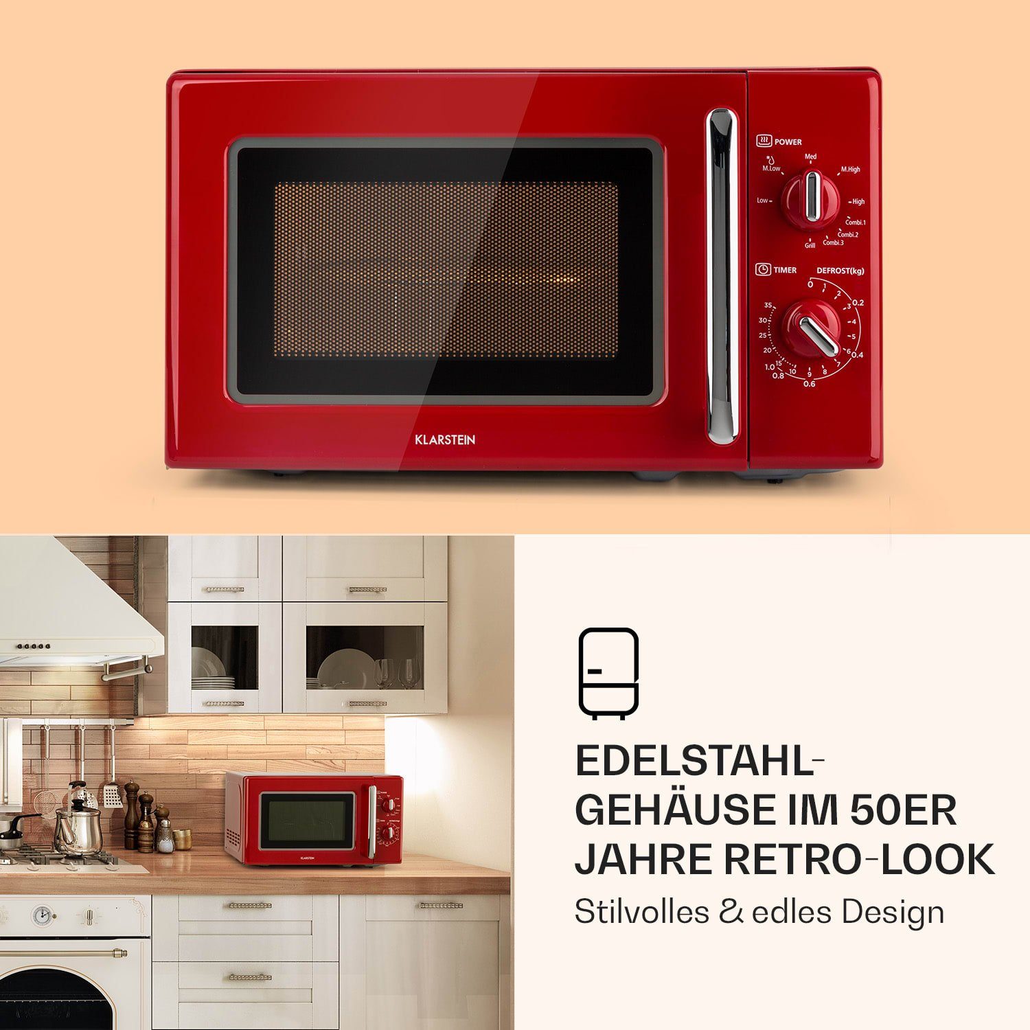 Klarstein Mikrowelle Caroline Mikrowellen-Grill 20 Ltr 700 W / 1000 W Ø 25,5cm Retro, Erwärmen, Grillen, Backen, 2 l