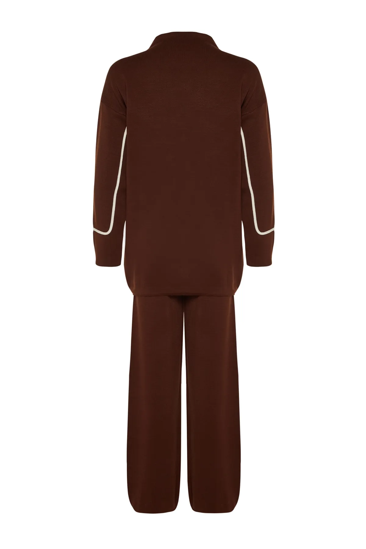 Trendyol Modest  Braunes, detailliertes, gestreiftes Strick-Unterteil-Top-Set mit Krawatte TCTAW24US00056