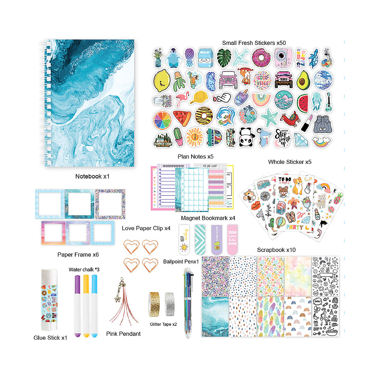 frler Journal Notizbuch Tagebuch Scrapbooking Set mit Aufkleber Schablonen Notizbücher für Kinder