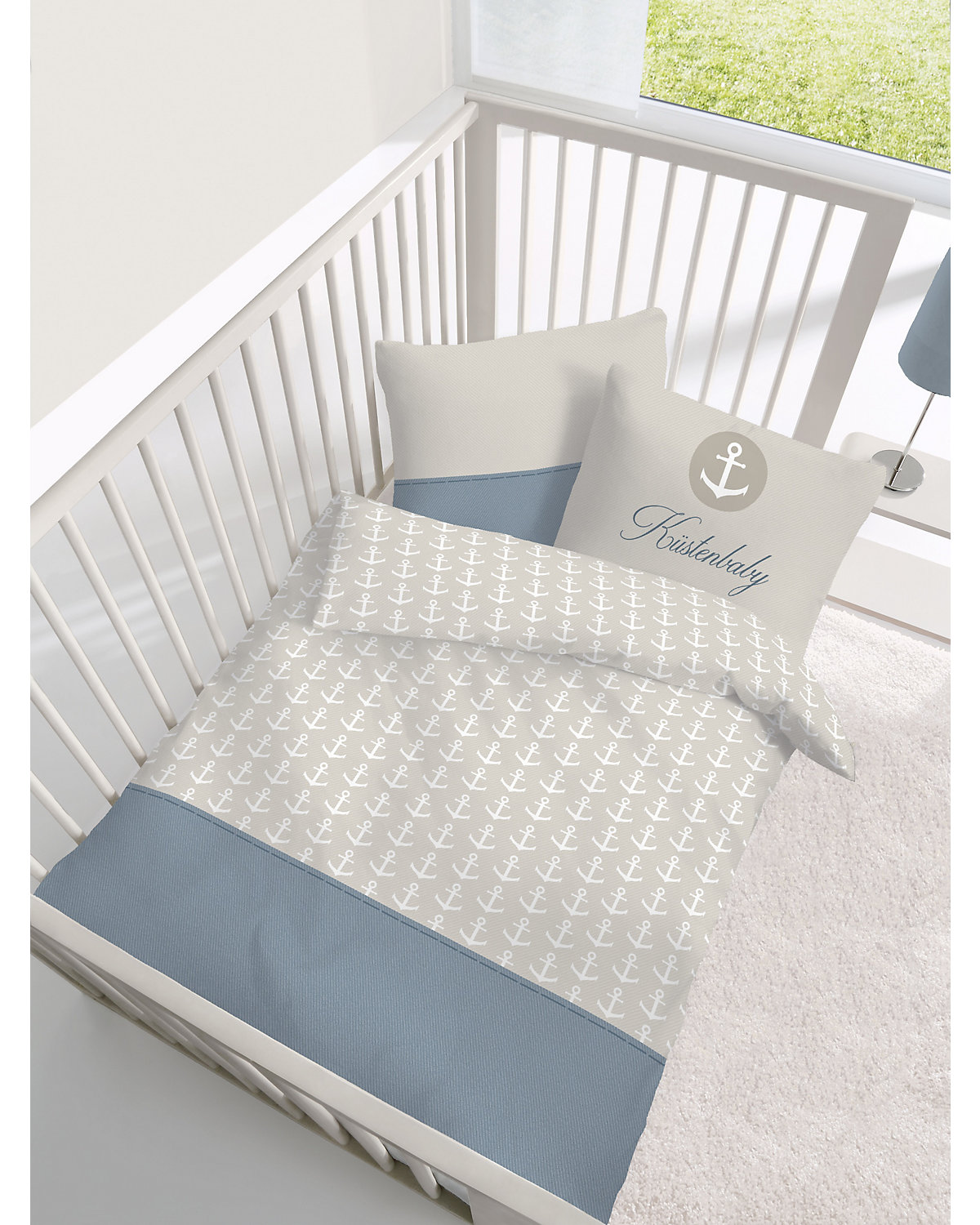 Kinder-Bettwäsche Jungen und Mädchen maritim Küstenbaby Anker, Renforcé, 100 x 135 cm + 40 x 60 cm