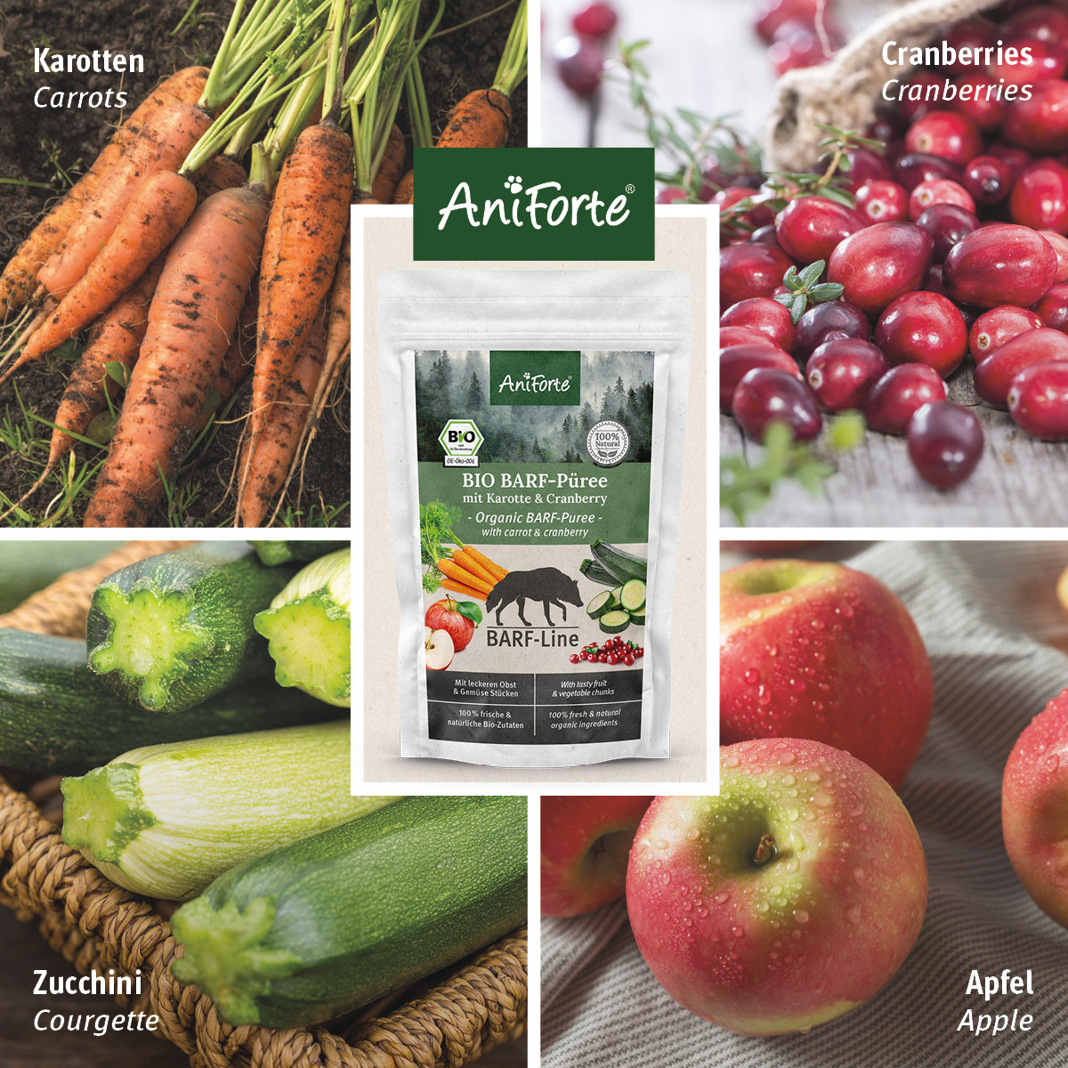 Aniforte Ergänzungsfutter & Aufzucht Aniforte BIO BARF Püree Karotte & Cranberry 5 x 150g