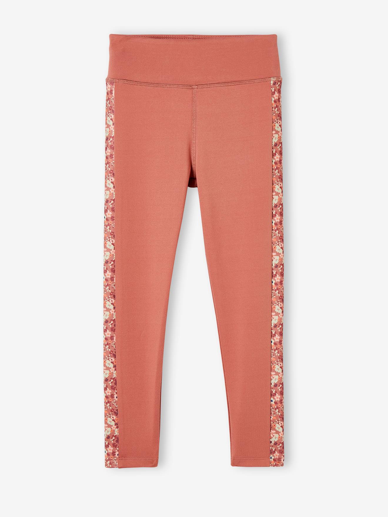 Legging sport matière technique fille bande côtés motifs fleurs terracotta