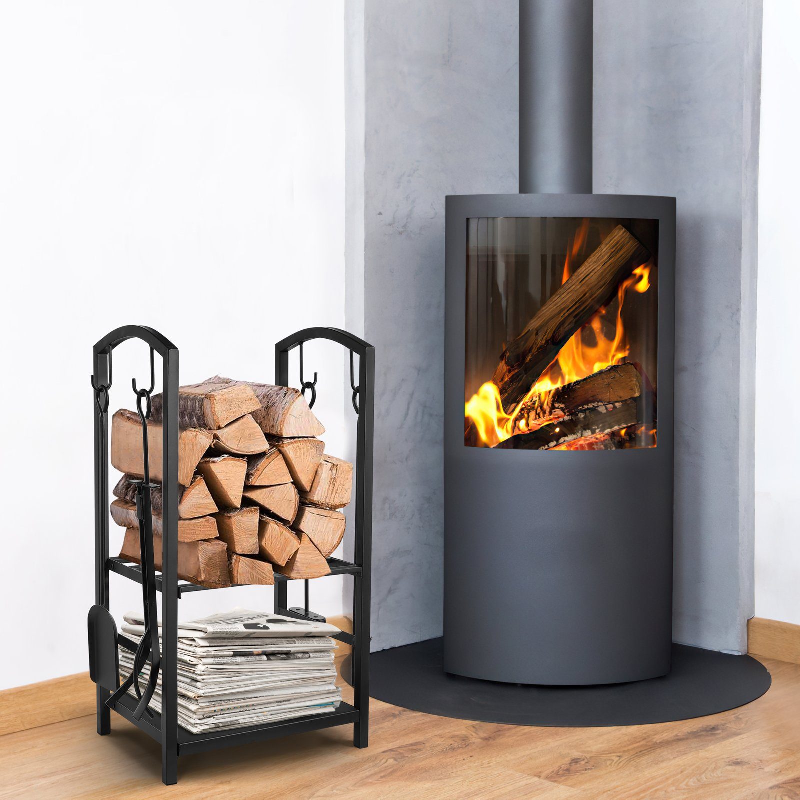 Femor Kaminholzregal, Brennholzregal mit 4 Werkzeugen, 75x40x30 cm