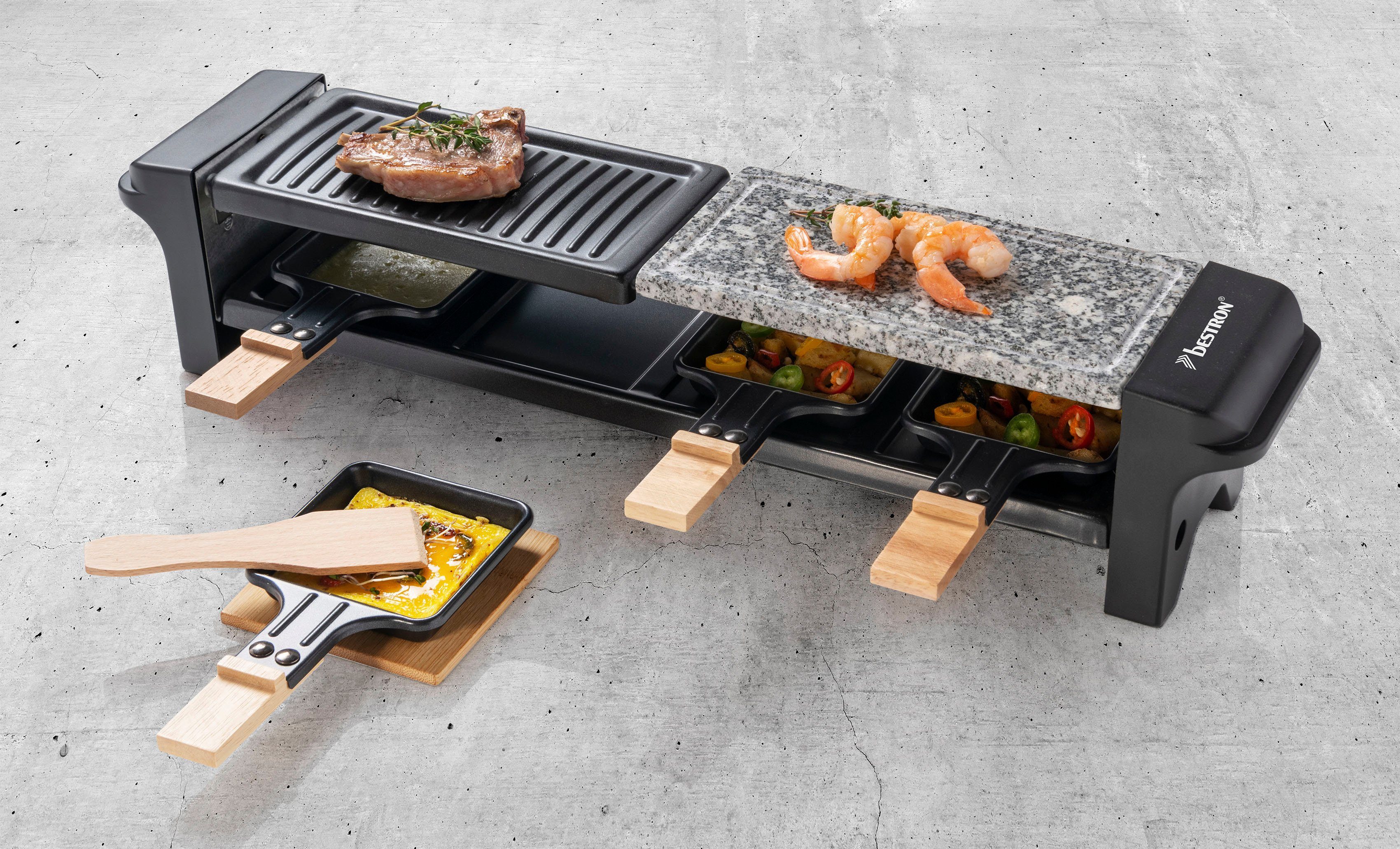 bestron Raclette Grill für 4 Personen, 4 Raclettepfännchen, 650 W, mit 4 Pfännchen, 4 Holzschaber & 4 Untersetzern