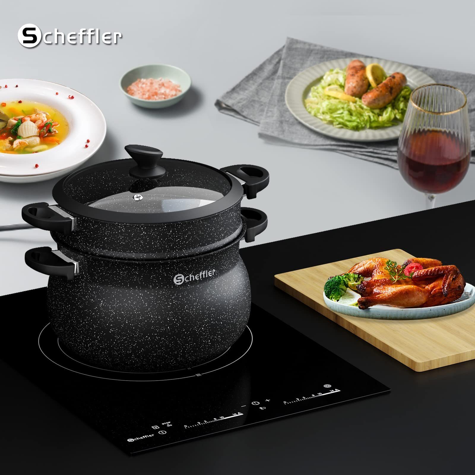 Scheffler Dampfgartopf Kochtopf Dämpfer, Glasdeckel Induktion Topf, Suppentopf, Aluminium, Induktionsgeeignet