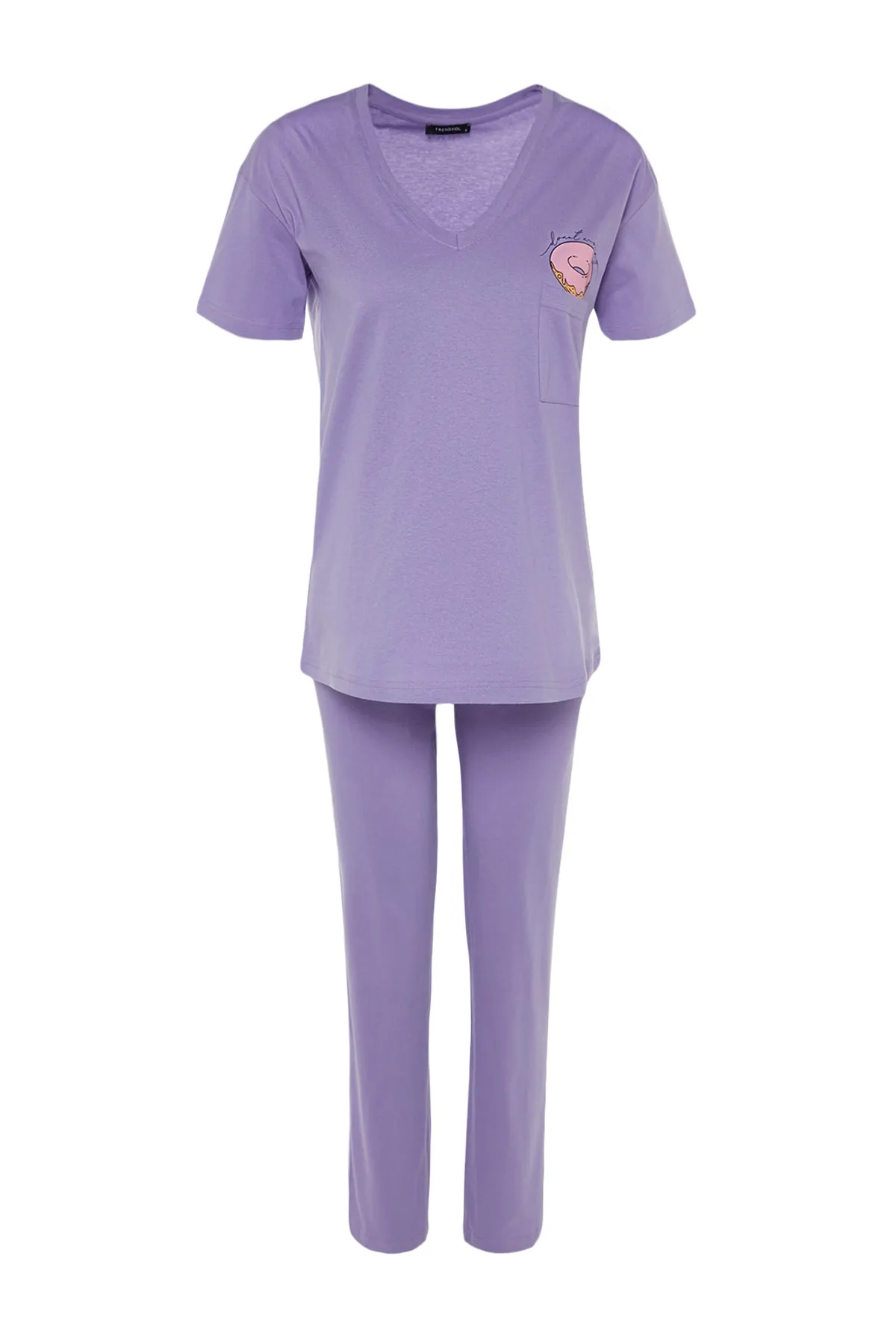 Trendyol Collection  Lilafarbenes, bedrucktes, weit geschnittenes T-Shirt-Hosen-Pyjama-Set aus 100 % Baumwolle mit Taschendetail