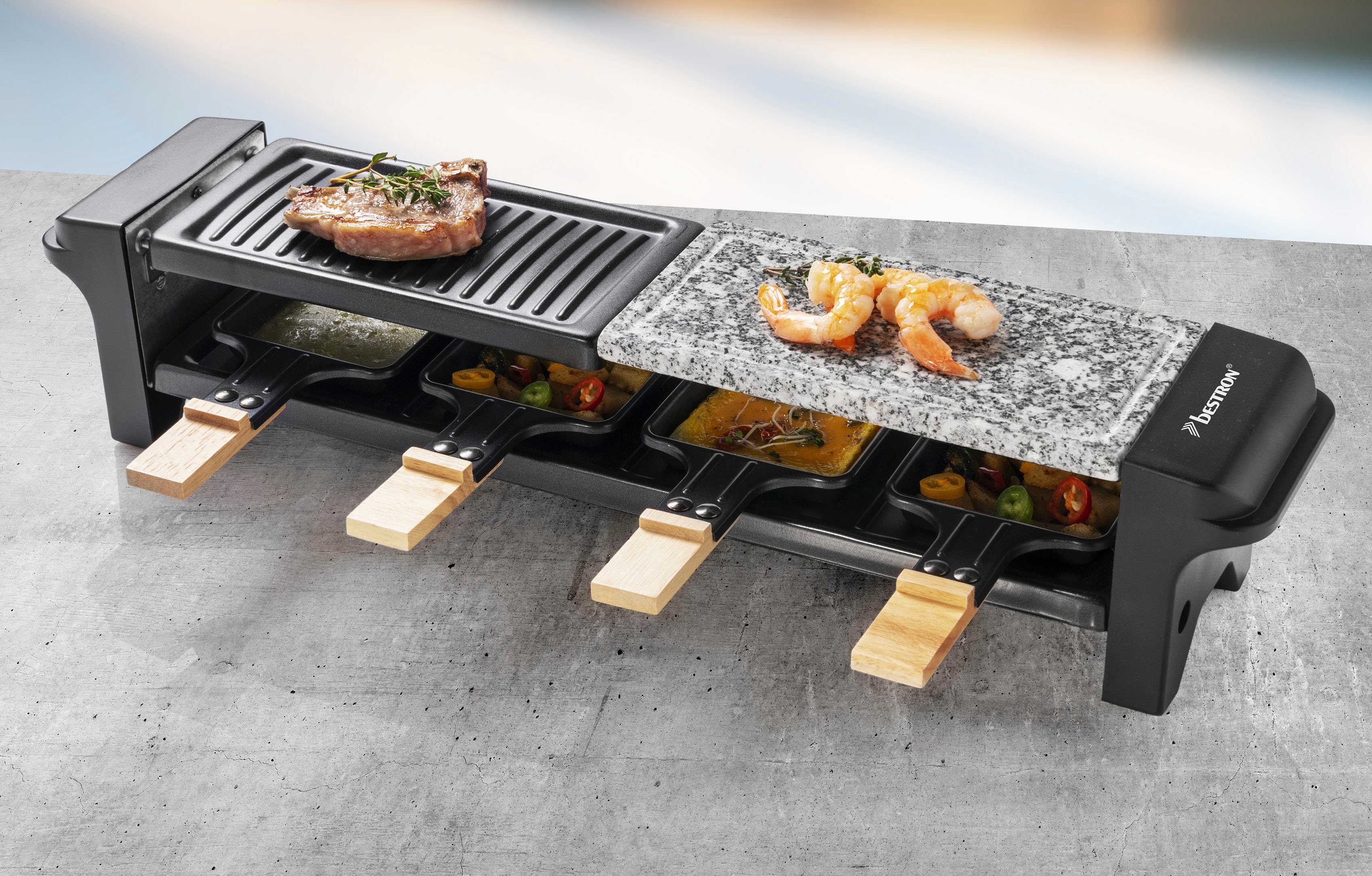 bestron Raclette Grill für 4 Personen, 4 Raclettepfännchen, 650 W, mit 4 Pfännchen, 4 Holzschaber & 4 Untersetzern