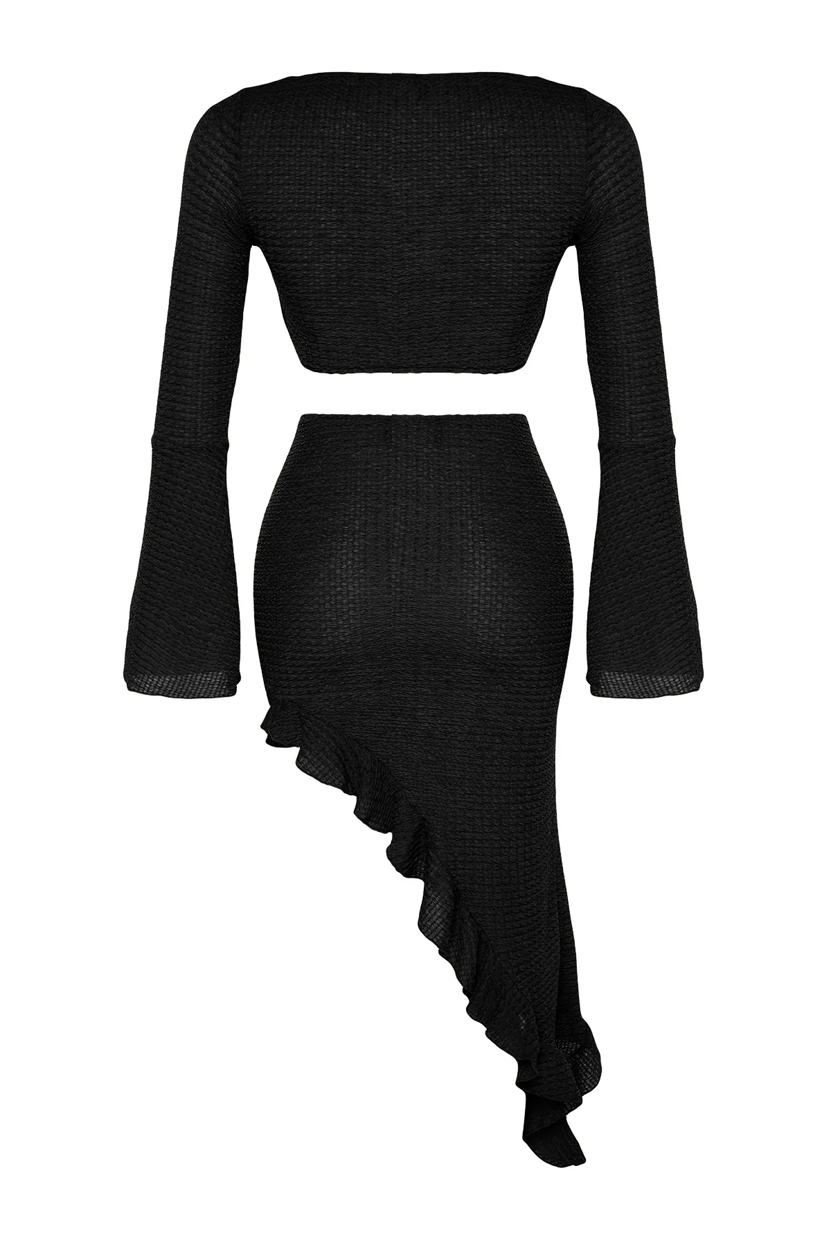 Trendyol Collection  Schwarzes, figurbetontes, gewebtes Blusenrock-Set mit Rüschen TBESS23AU00040
