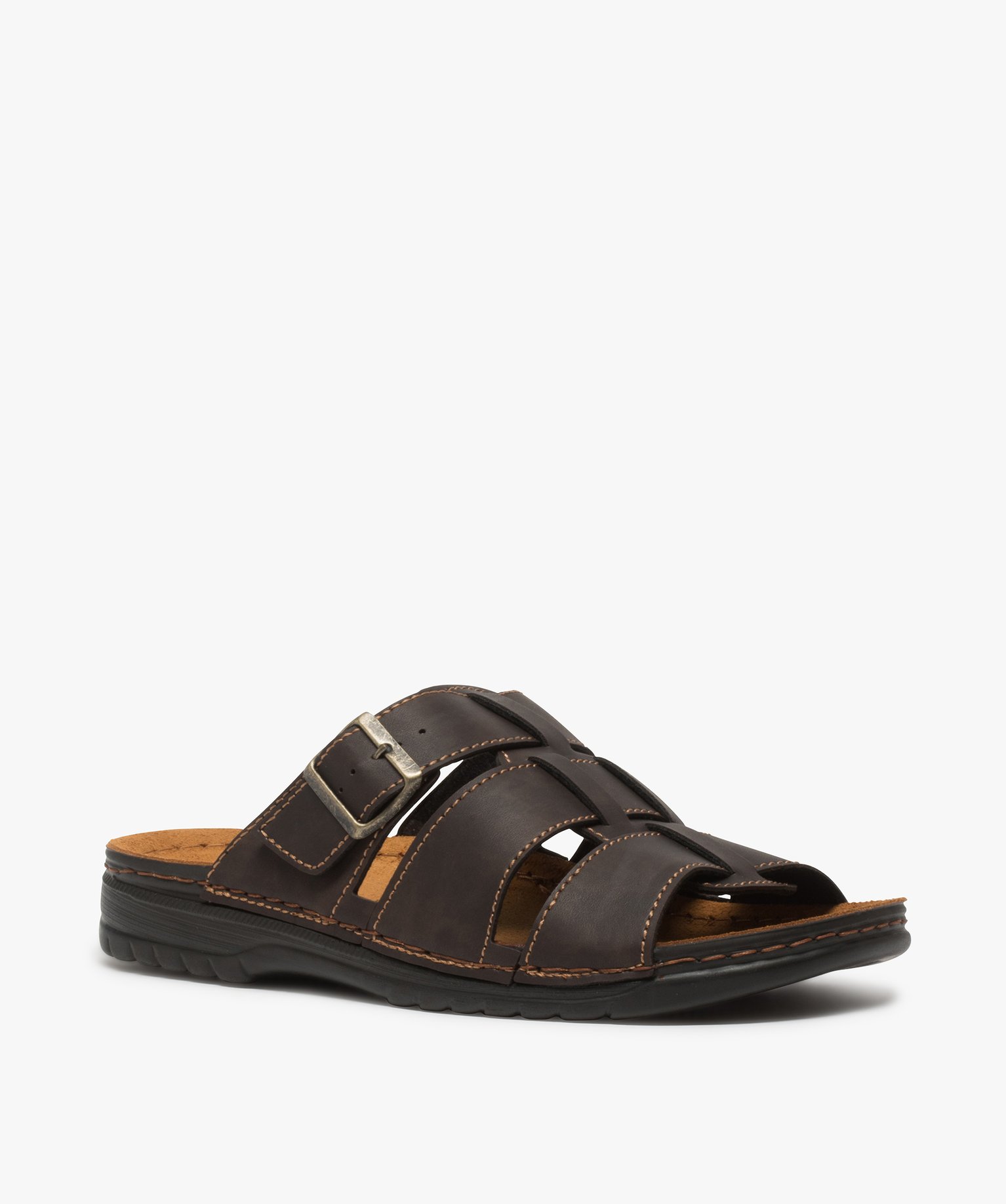 Sandales homme mules à larges brides tressées marron | GEMO