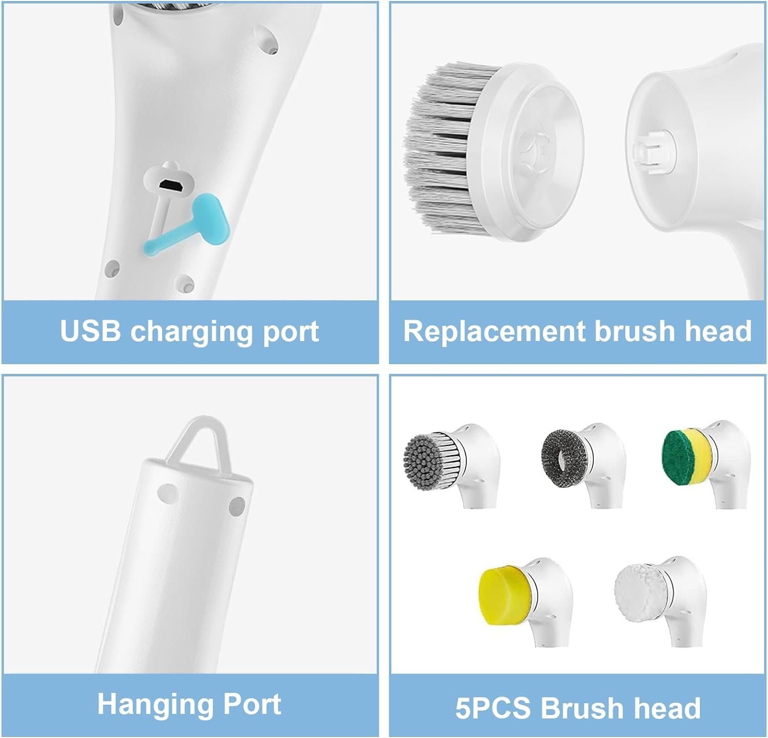 DOPWii Reinigungsbürsten-Set Elektrische Reinigungsbürste, Scrubber 360° mit 5 Ersatzbürsten