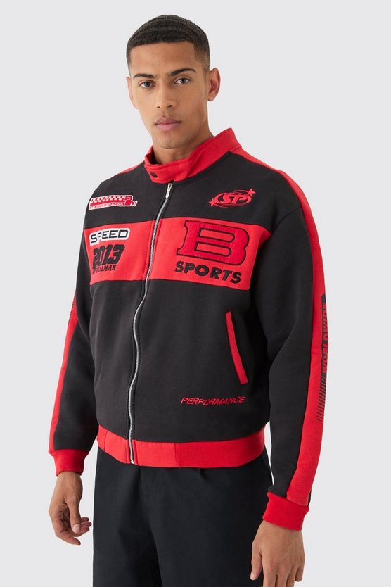 Kastige Oversize Jersey-Jacke mit Moto-Stickerei