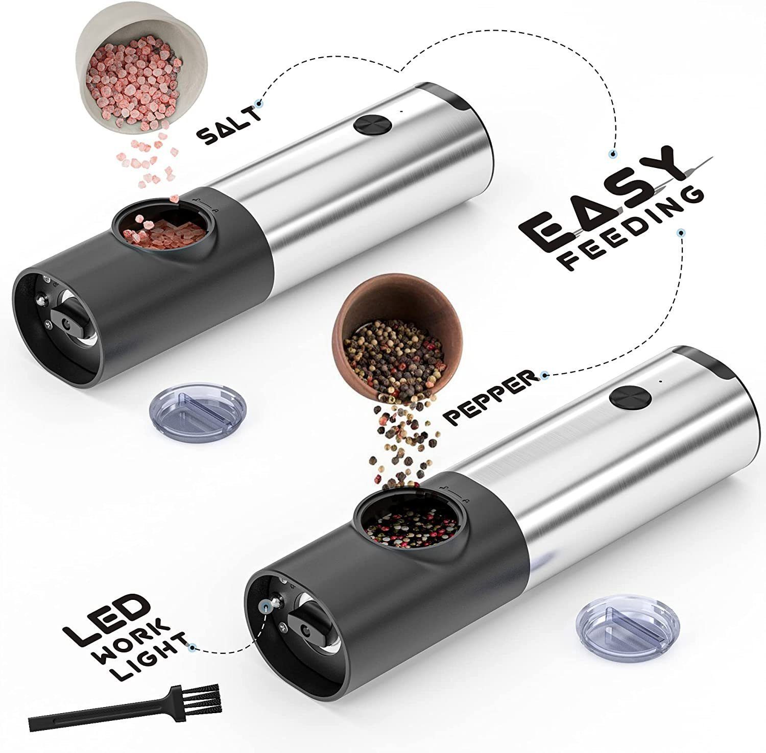 INTEBIKI Pfeffermühle Salz und Pfeffermühle Elektrisch mit Basis,Wiederaufladbare USB Automatischer Betrieb Salzmühle mit LED-Licht,Edelstahl-Einhand-Küchenhelfermühle, (2 Stück), Einstellbare Grobkörnigkeit(2 Stück Gewürzmühle Elektrisch)