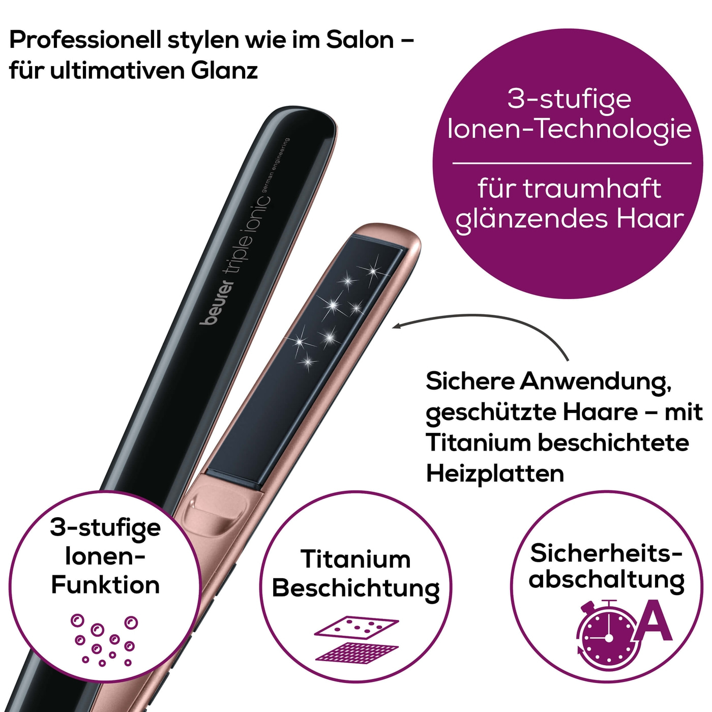 Beurer Haarglätter - HS 80-Glätteisen mit 3 Stufen Ionen Funktion & Schutzfunktion fürs Haar