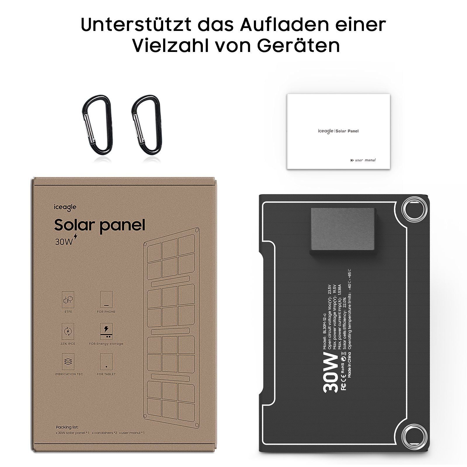 Aoucheni Solaranlage Solarladepanel PV tragbar faltbar mobiler Stromladecomputer, 30,00 W, (Kälte- und hitzebeständig, Tragbar und leicht zu transportieren), Unbesorgt reisen und aufladen