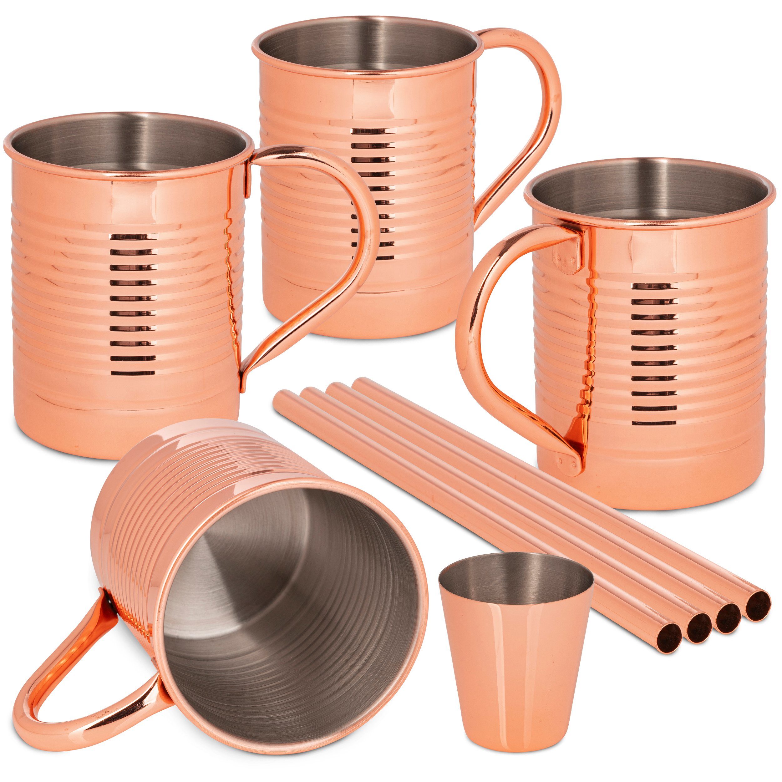 ONVAYA Cocktailglas Moscow Mule Becher Geschenk Set mit 4 Bechern, Barmaß & Strohhalm