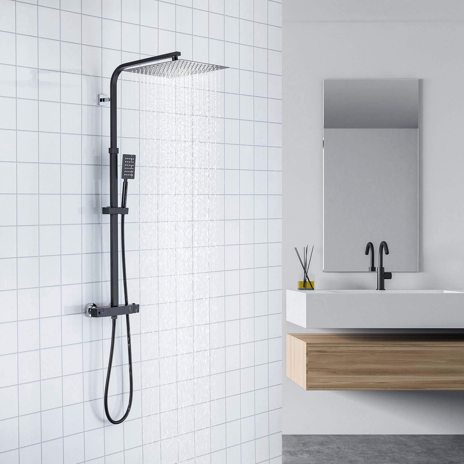 Auralum Duschsystem mit Thermostat Duscharmatur Regendusche Massage Duschset Handbrause, Regendusche Höhenverstellbar, Anti-Verbrühung-Duschsystem, Schwarz