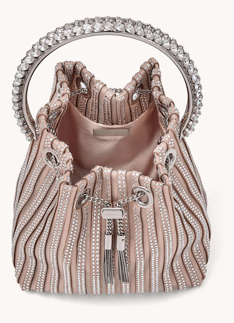 Geantă Jimmy Choo Bon Bon decorată cu piele întoarsă de capră și cristale.